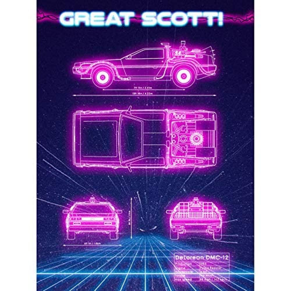 Artery8 80s Synthwave Sports Car Blueprint Wall Art Print : Futuristic Neon Design for Living Room or Studio Retro Sci-Fi Decor Gift for Car Fans and Time Travel Geeks