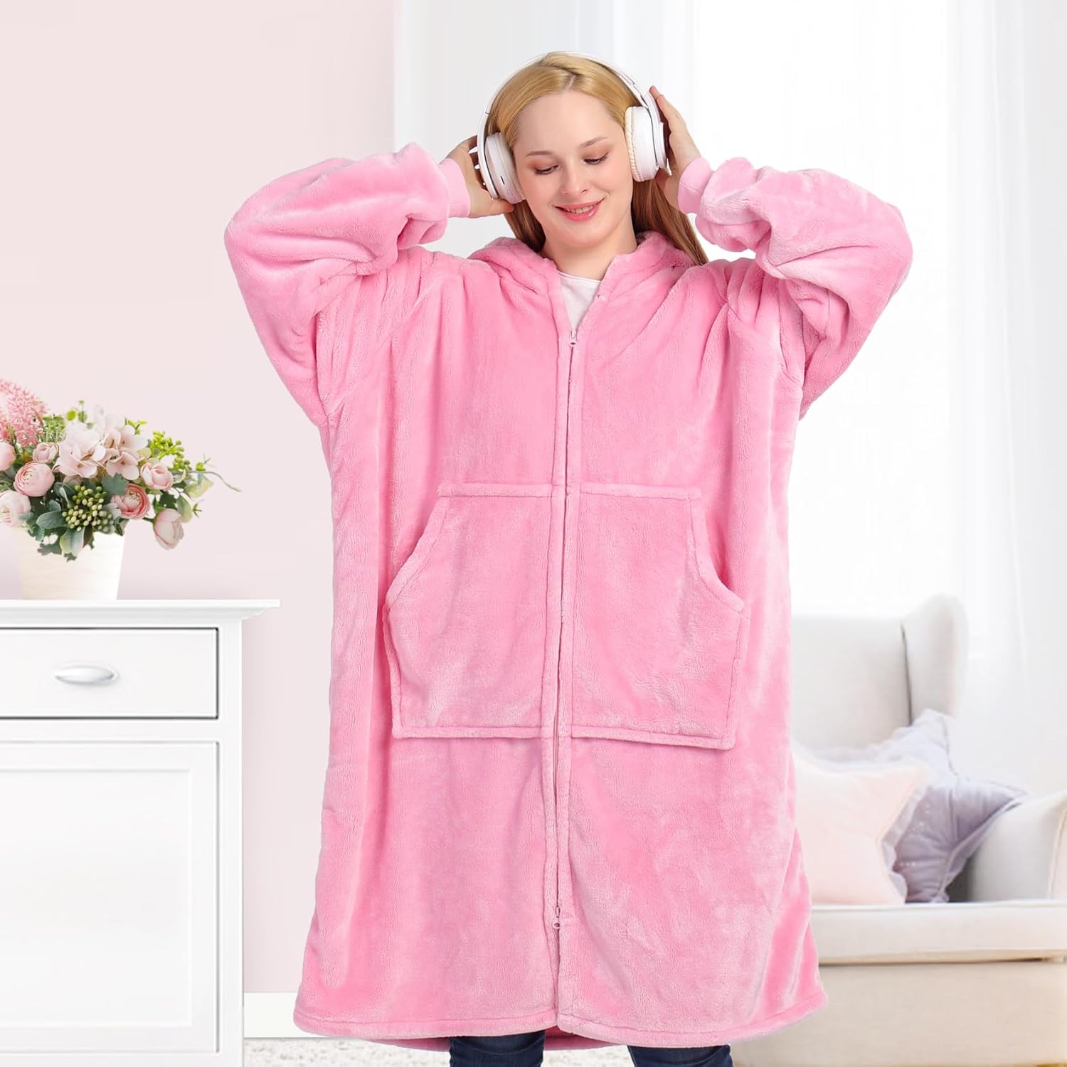 Waitu Wearable Blanket Hoodie with Zipper Gifts for Women Men, Warm and Cozy Oversized Hoodie Blanket Birthday Gifts for Women Mom, Thick Flannel Blanket with Giant Pocket - Bright Pink - Image 4