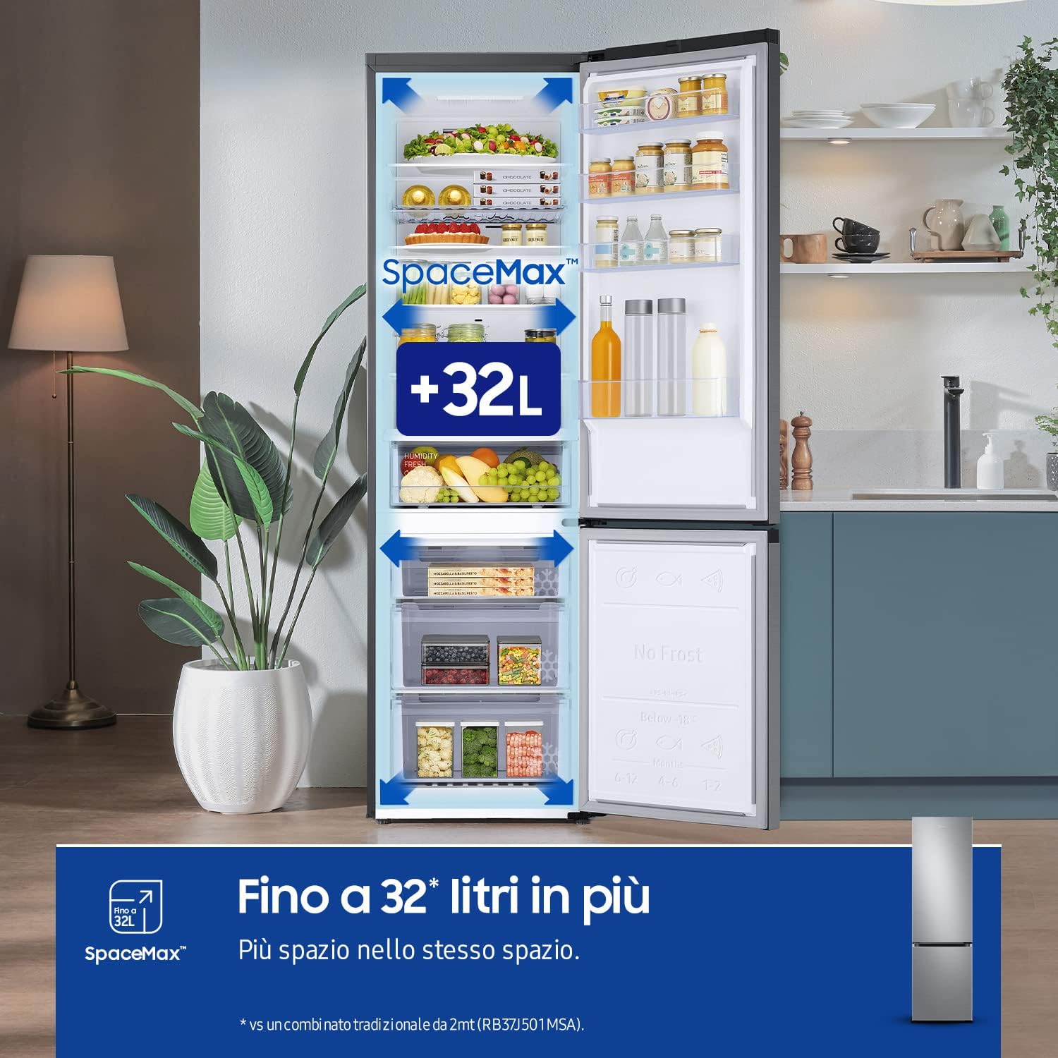 Samsung Frigorifero Combinato Ecoflex RB38T602CS9/EF, Libera installazione, No Frost, Space Max, 390L, 59.5l x 203h x 66p cm [Classe di efficienza energetica C]