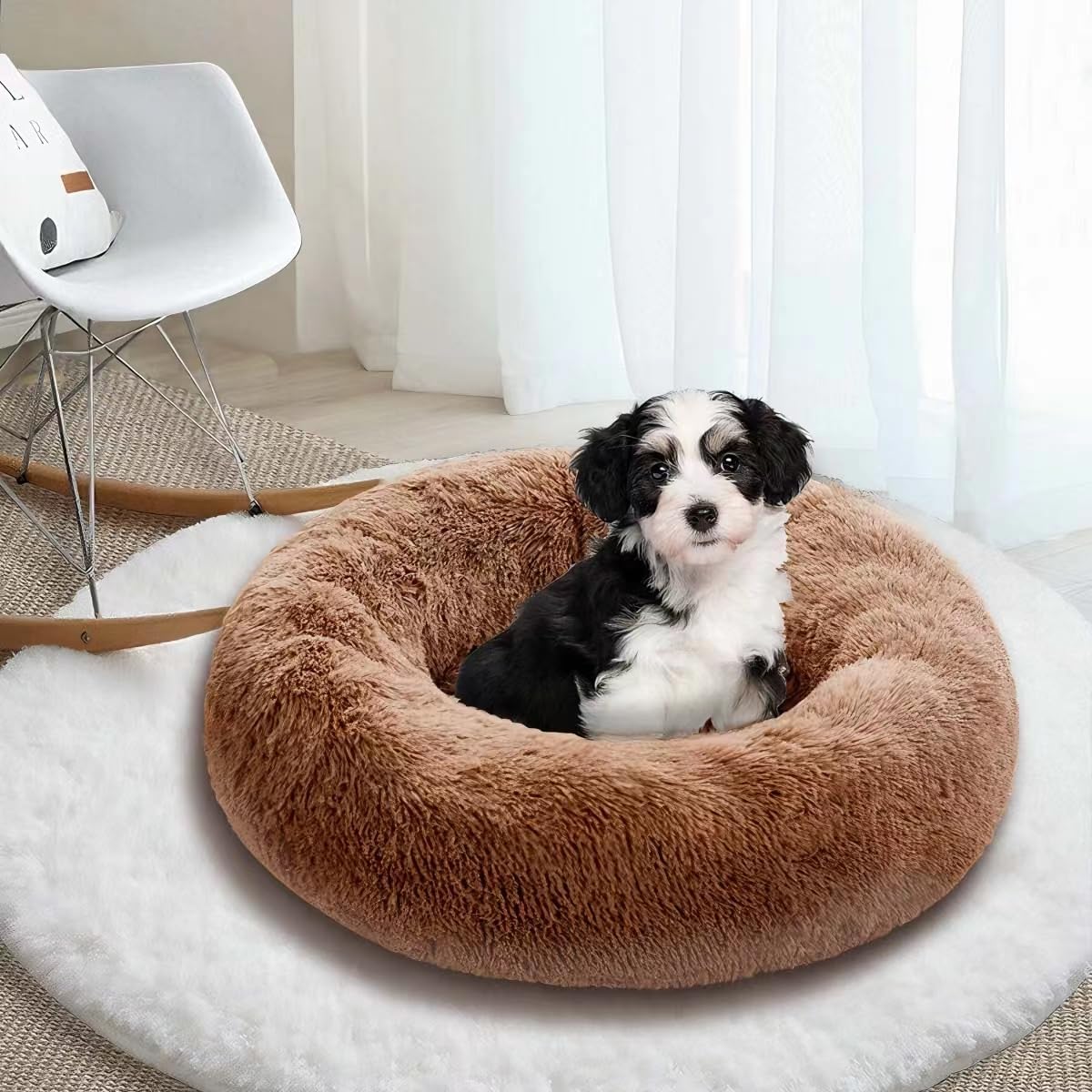 Deluxe Calming Dog Bed for Small Medium Dogs & Cats - Anti-Anxiety Donut Cuddler Cozy Warm Soft Fluffy Faux Fur Round Beds Sizes 24" Puppy Bed (Dark Brown, Small) Small Dark Brown