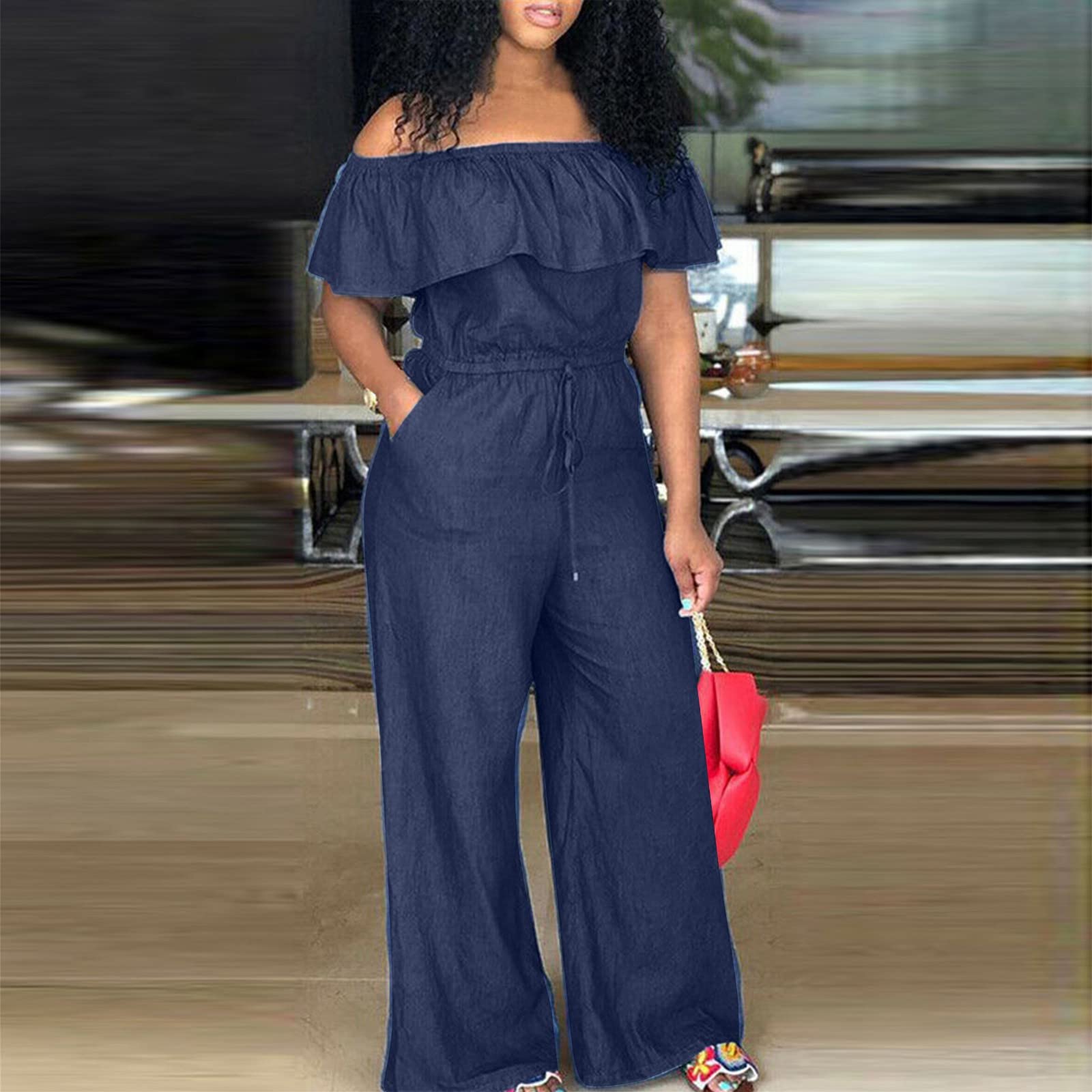 FUPODD Jumpsuit Damen Sommer Große Größen Jeans Overall Damen Sommer Lang Weites Bein Jumpsuits Schulterfrei Plus Size Playsuit Elegant Denim Einteiler Mit Tasche Luftig Romper Frauen Mit Kordel