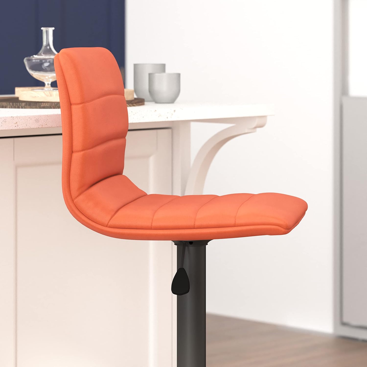 EMMA + OLIVER Coti Modern Height Adjustable Dining Stool - Cognac Vinyl Upholstery - Channel Tufted Detailing - 360° Swivel Seat - Black Pedestal Base with Footrest