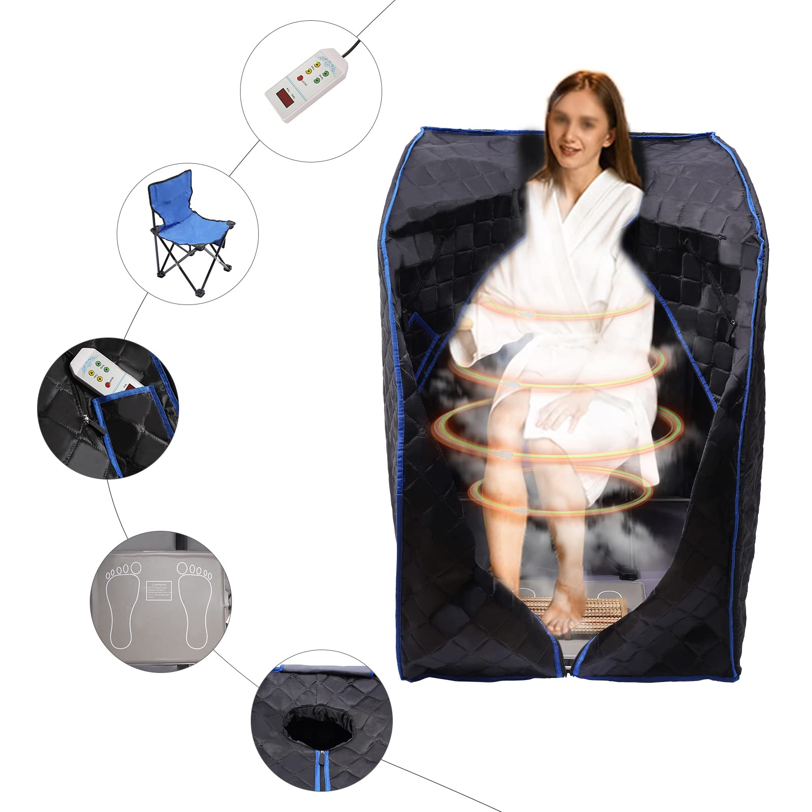 Sauna de infrarrojos de 750 W, sauna casera, temperatura y tiempo ajustables, cabina de calor plegable Spa, incluye accesorios, sauna de vapor portátil (negro)