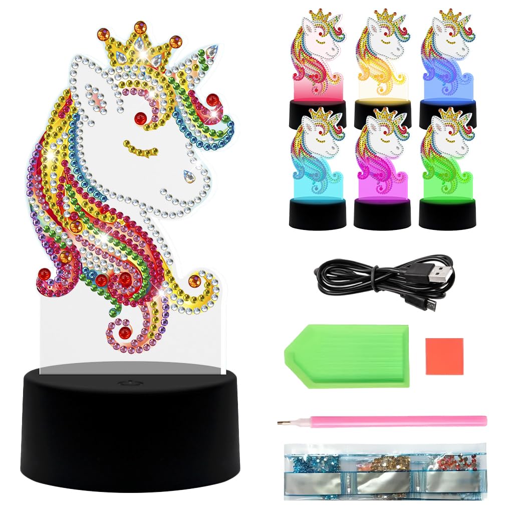 PATPAT® DIY Color Diamond Art Unicorn Night Light Craft Kit, 7-Color USB Plug in Acrylic LED Desk Decoration, Dreamy Unicorn Craft Lamp for Kids, Teens & Home Decor-image-16