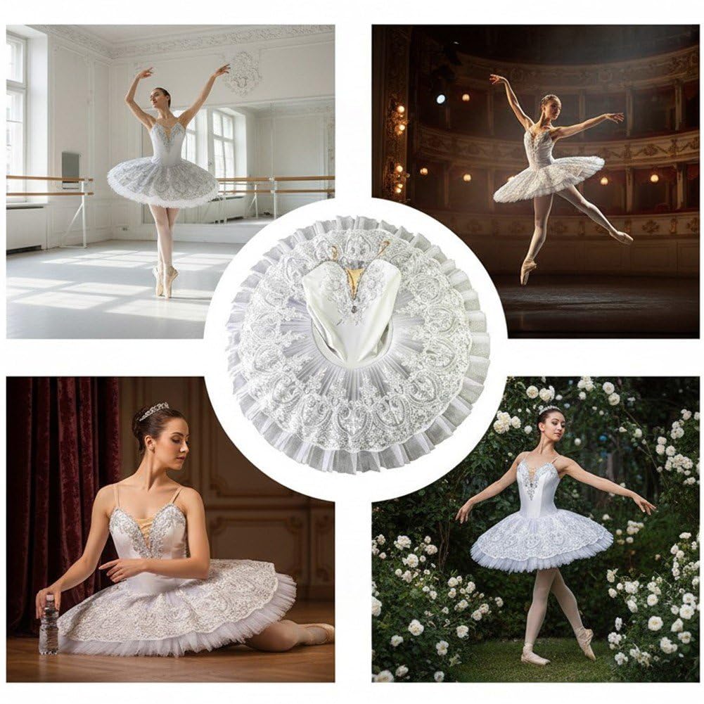 Costume De Ballet pour Femme, Style Lac des Cygnes, en Dentelle Florale, avec, Justaucorps Jupe Crêpe.