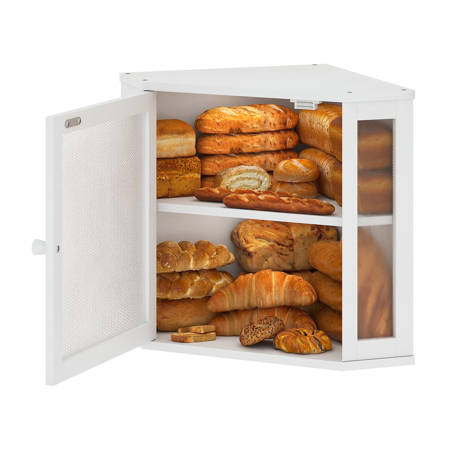 Furshus Corner Bread Box for Kitchen Countertop,Bread Storage for Homemade Bread, Double Layer Large Bamboo Kitchen Storage Bin with Window (White, Medium)
