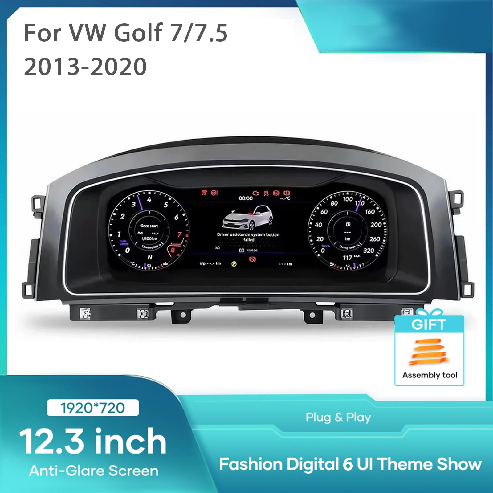 12.3 pulgadas Digital Dash Herramienta Cluster para Golf 7/7.5 (2013-2020) años, LCD Digital Panel Tacómetro Coche tablero reemplazo Digital Gauge Cluster-BY
