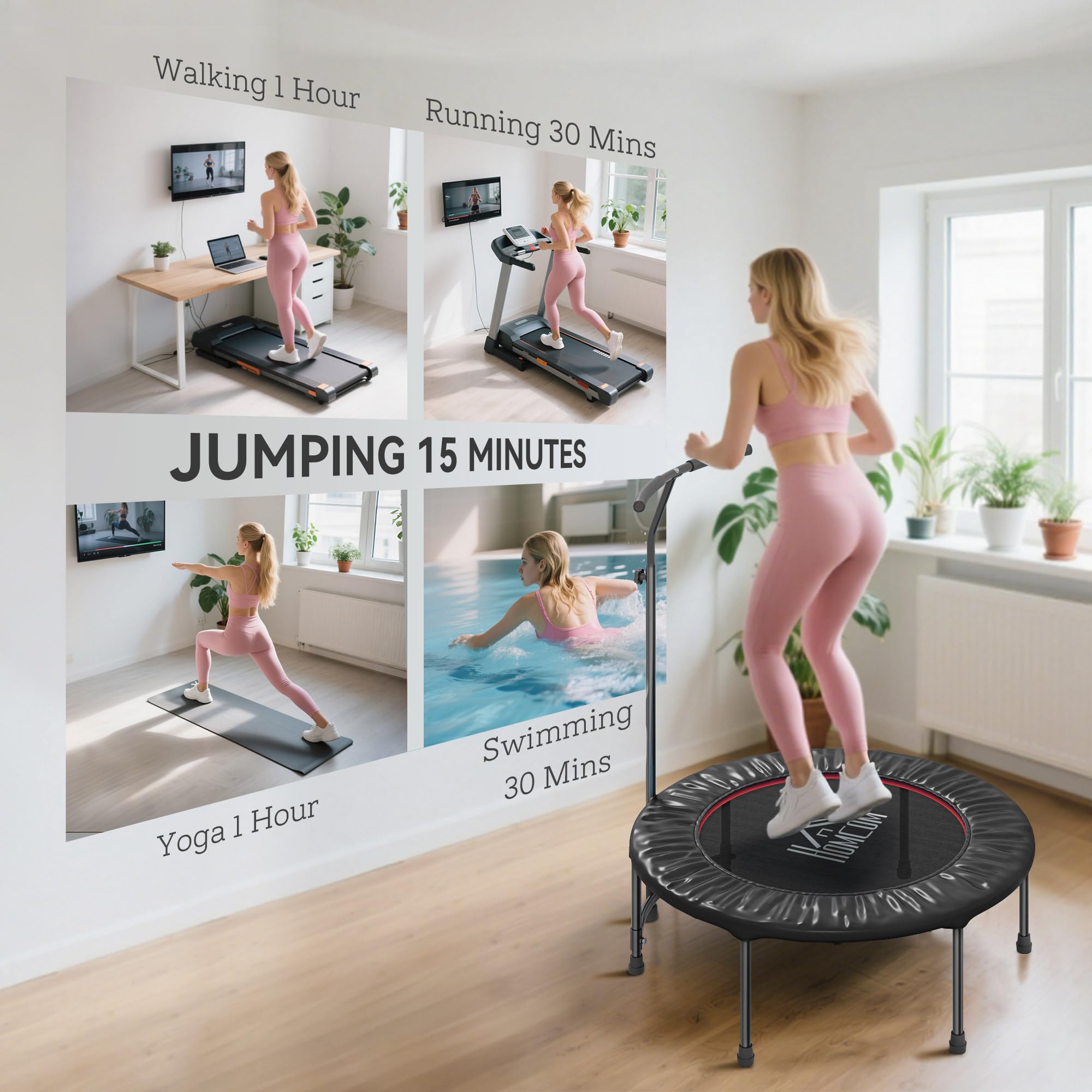 HOMCOM 40" Trampolina Fitness Rebounder z regulowanym uchwytem, czarny | Mini Trampolina, Rebounder z bungee, dla dorosłych, ćwiczenia w pomieszczeniu