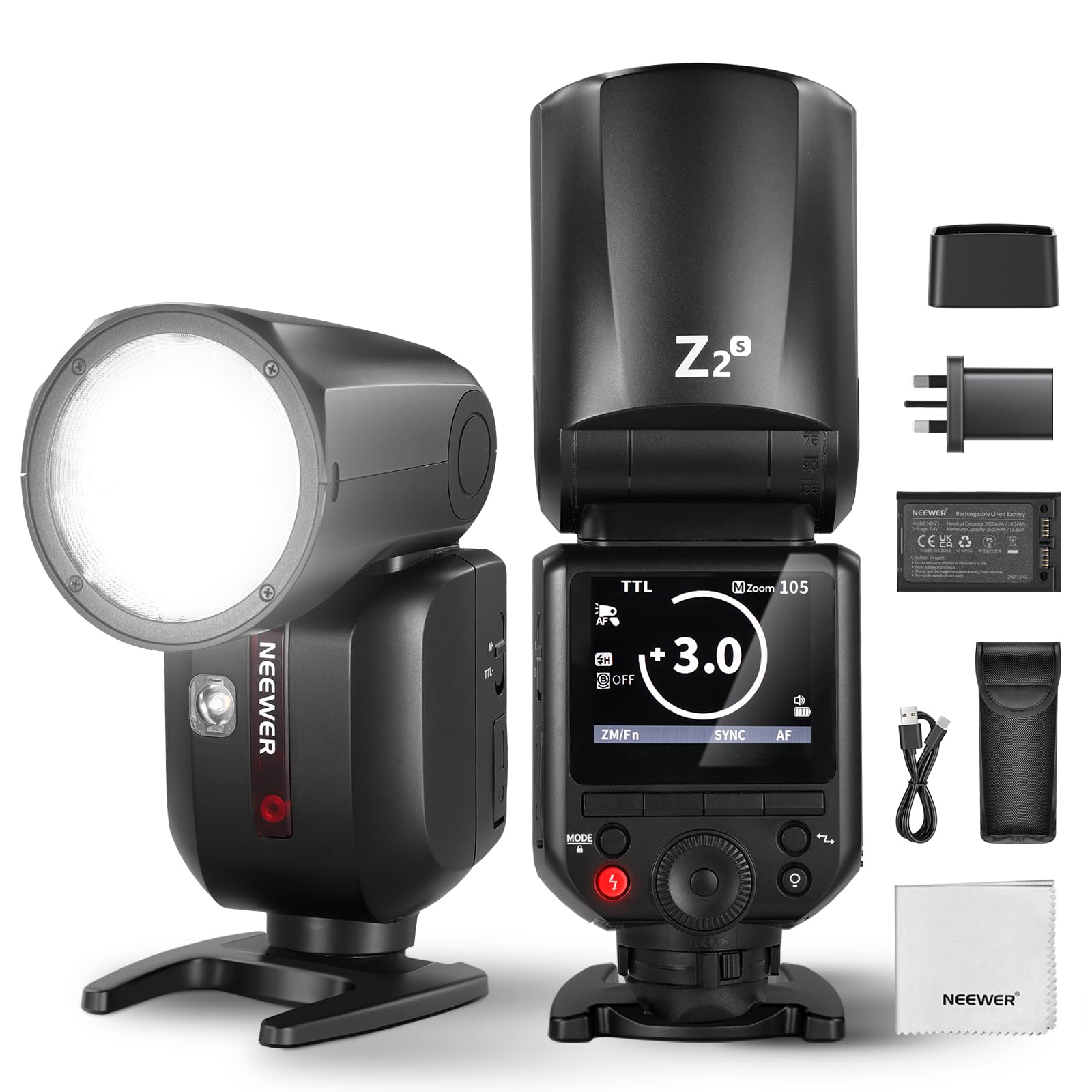 NEEWER Z2-S 2.4G TTL Round Head Flash Speedlite for Sony, 76Ws Speedlight with Upgraded UI, Modeling Lamps, TTL/M Quick TCM Switch, 1/8000s HSS, 2600mAh Battery, 480 Full Power Flashes, Cleaning Cloth