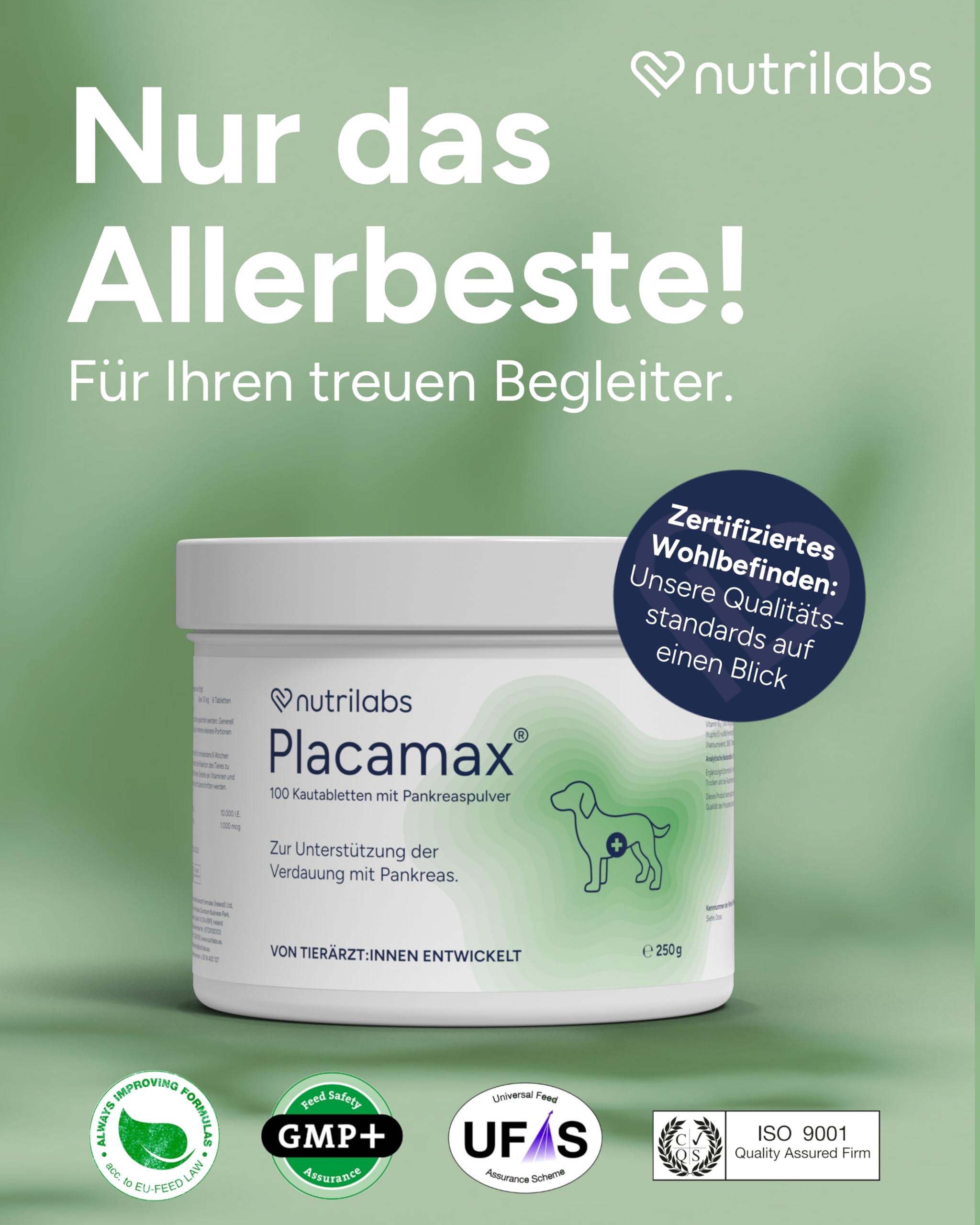 NutriLabs Placamax® Tabletten für Hunde 100 Stk. - Tabletten für Verdauung mit Ananaspulver, Vitamine, Pankreaspulver etc. - Gesundheitsprodukte für Hunde - Nahrungsergänzungsmittel Hund