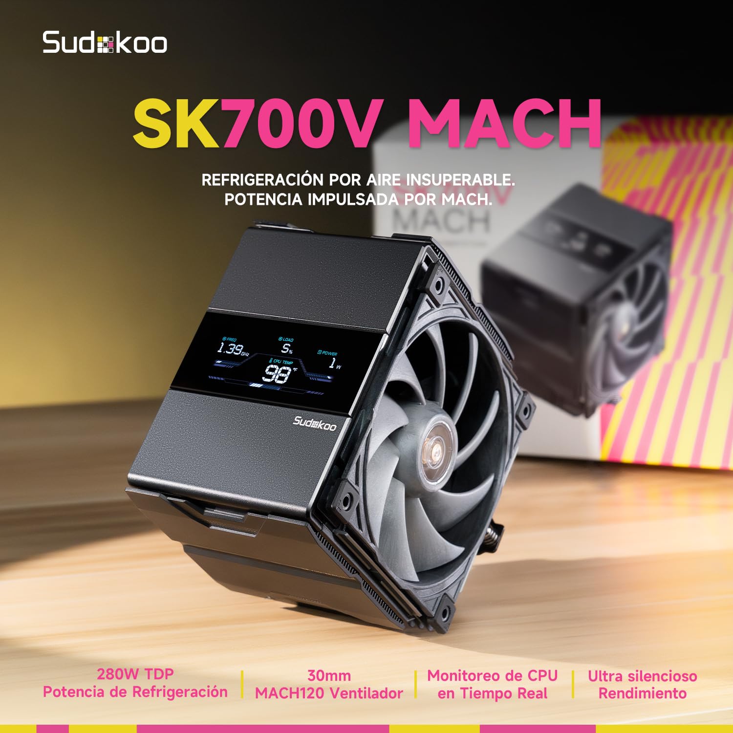 Sudokoo SK700V MACH Disipador CPU: CPU Cooler PC con Pantalla Digital & 120mm PWM Ventilador MACH120 - Ventilador CPU 7 HeatPipes para AMD AM5 & Intel LGA 1851/1700/1200/115X, TDP 280W,Montaje Fácil