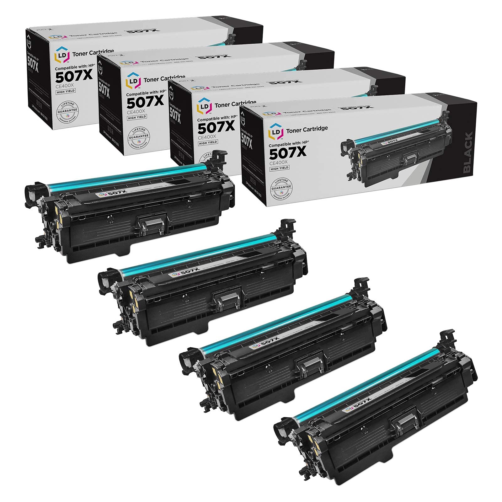 LD © Remanufactured Replacements for HP CE400X / 507X 4PK High Yield Black Laser Toner Cartridges for HP LaserJet Enterprise 500 Color M551dn, M551n, M551xh, MFP M575dn, MFP M575f, and MFP M575c