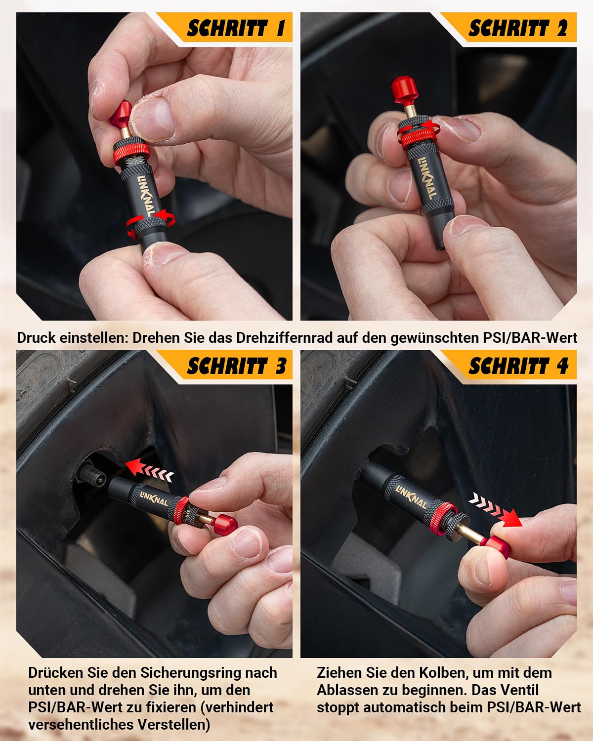 LINKNAL 4 Stück Reifendruck-Ablassventile, Auto-Stop-Reifenablassventil-Set (10–30 psi / 0,7–2 bar) für Offroad 4x4, Jeep, LKW, SUV – mit Aufbewahrungstasche und 5 Ventilkappen, Rot