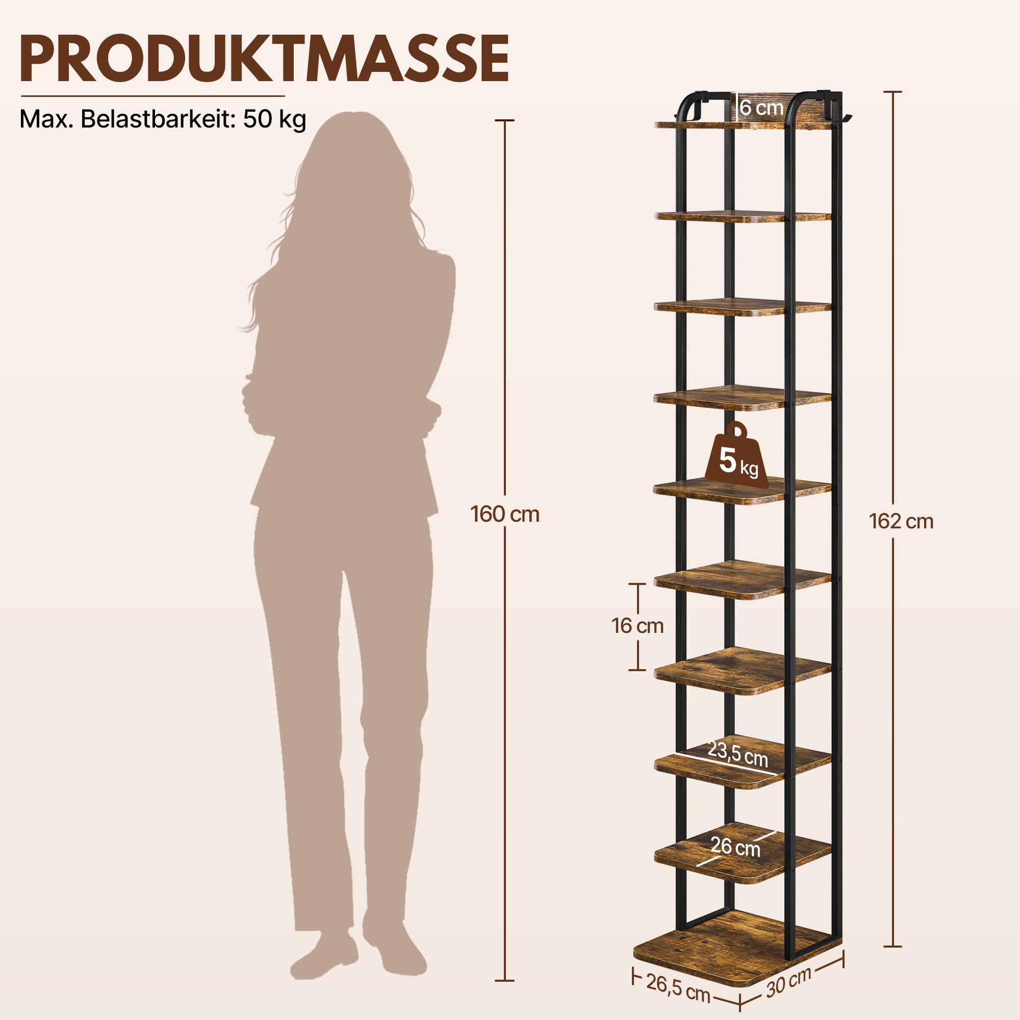 Yaheetech Schmales Schuhregal Schuhablage mit 10 Ebenen | Platzsparender Schuhschrank Holz im Vintage-Sti mit Haken für Flur/Ecke/Eingangsbereichl