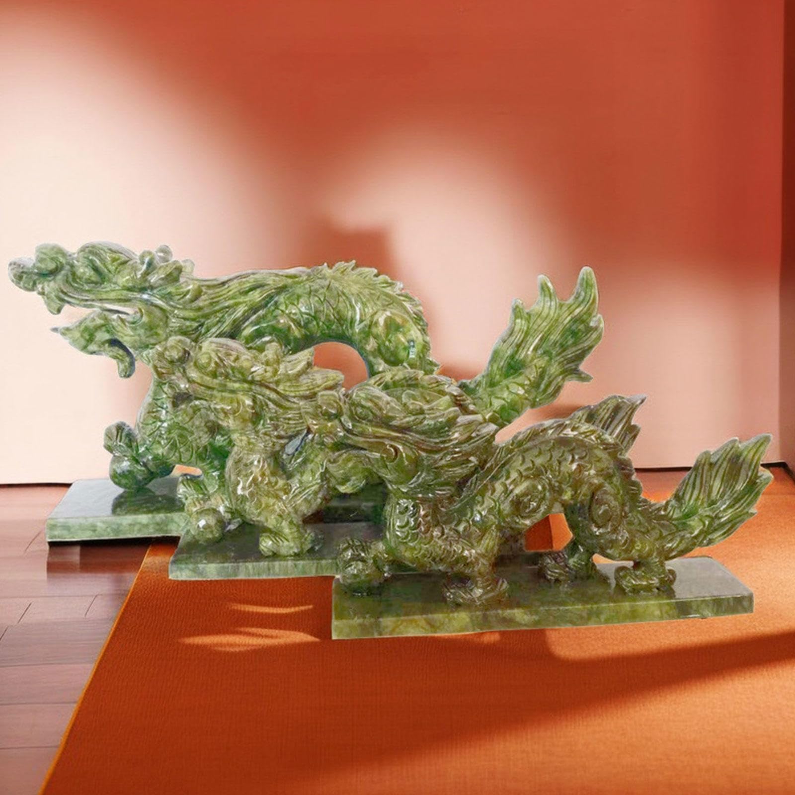 Jade Natural Qinglong Escultura de Estatua de Estatuilla de Dragón Chino Feng Shui Decoración de Escritorio para La Oficina en El Hogar para La Suerte y El éxito,11x2.4x5.9in