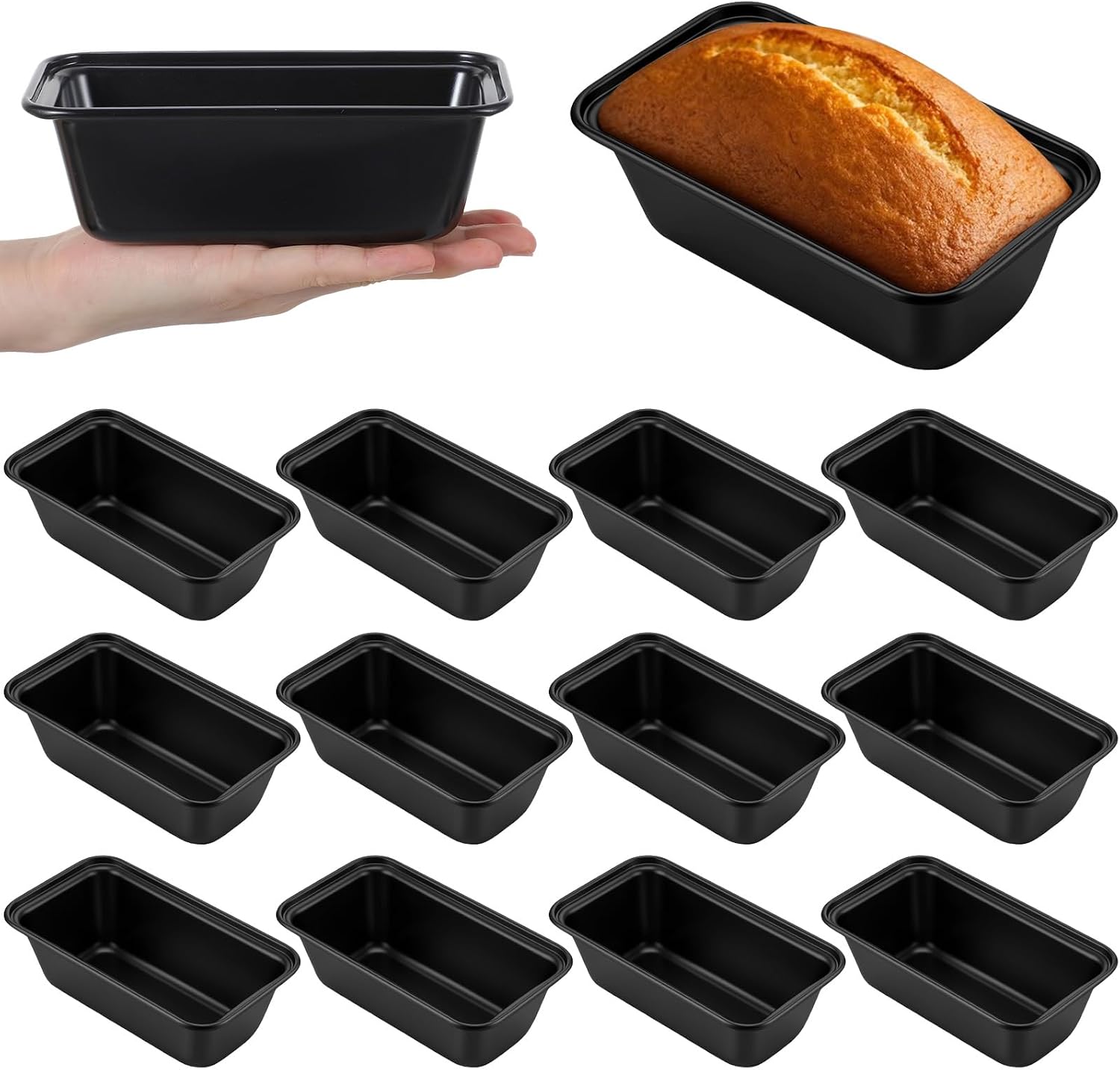 12 Pcs Carbon Steel Bread Baking Pan, Mini Carbon Steel Loaf Pan Set, Small Metal Baking Pans for Banana Bread, Meatloaf, Nonstick (6.2 x 3.3 x 1.7 Inch, Black)