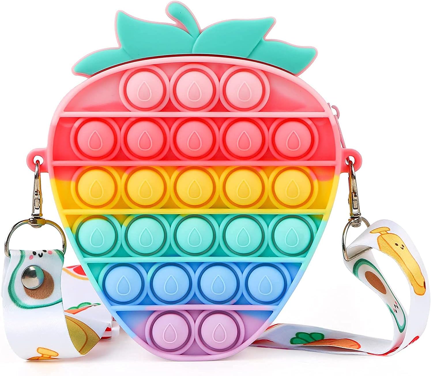 Strawberry Push Pop it Fidget Toy Pendant Bag, Poppet Fidget Toy Shoulder Bag Fidget Purse Push Bubble Fidget Toy Handbags with Adjustable Strap Anti Stress Silicone Squishy Toys Gift for Girls