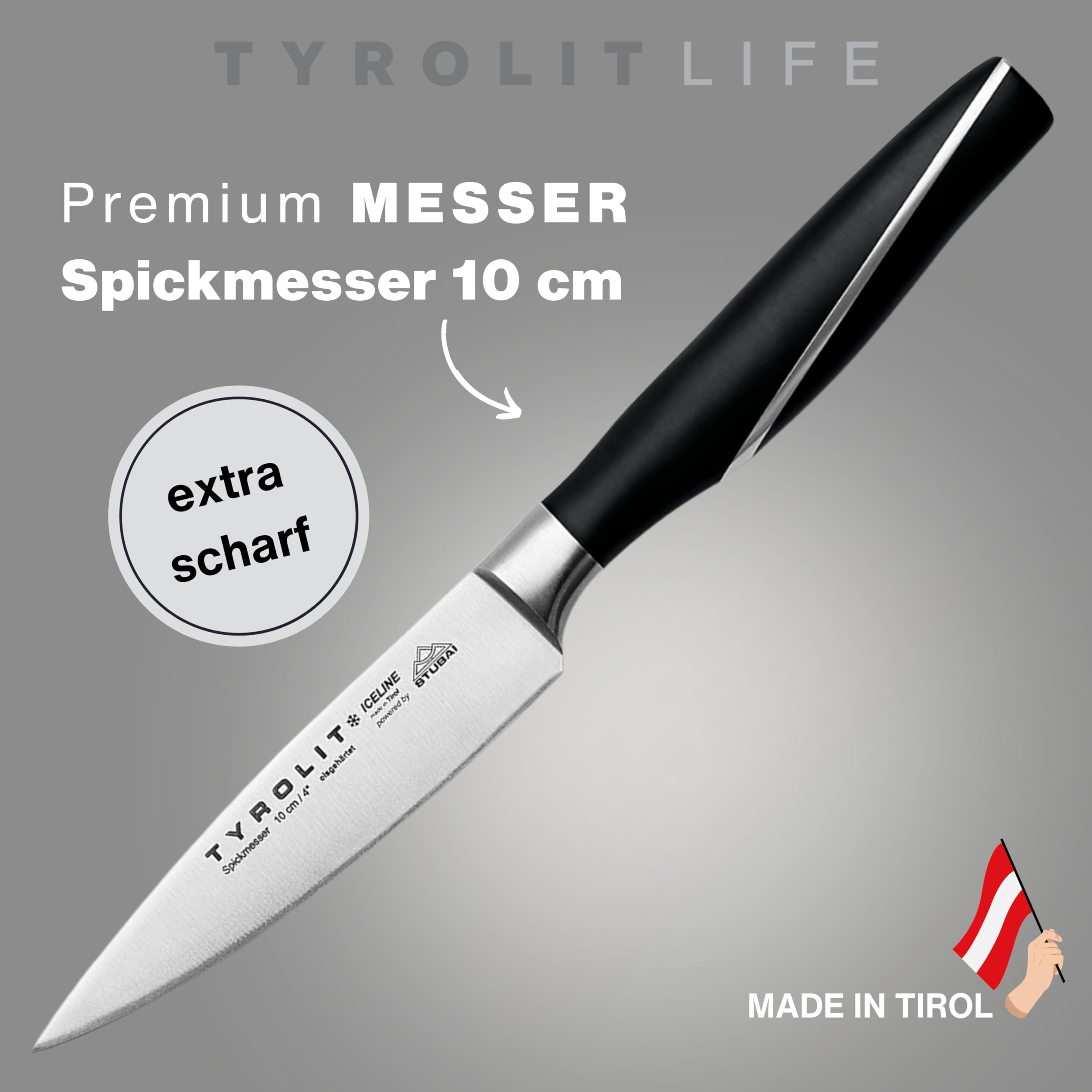 Tyrolit LIFE Spickmesser mit höchster Schnittqualität - 10cm, mehrfach eisgehärtete Edelstahlklinge (56 HRC) - extrem scharfes Profi Kochmesser für Fisch und Fleisch - Made in Tirol