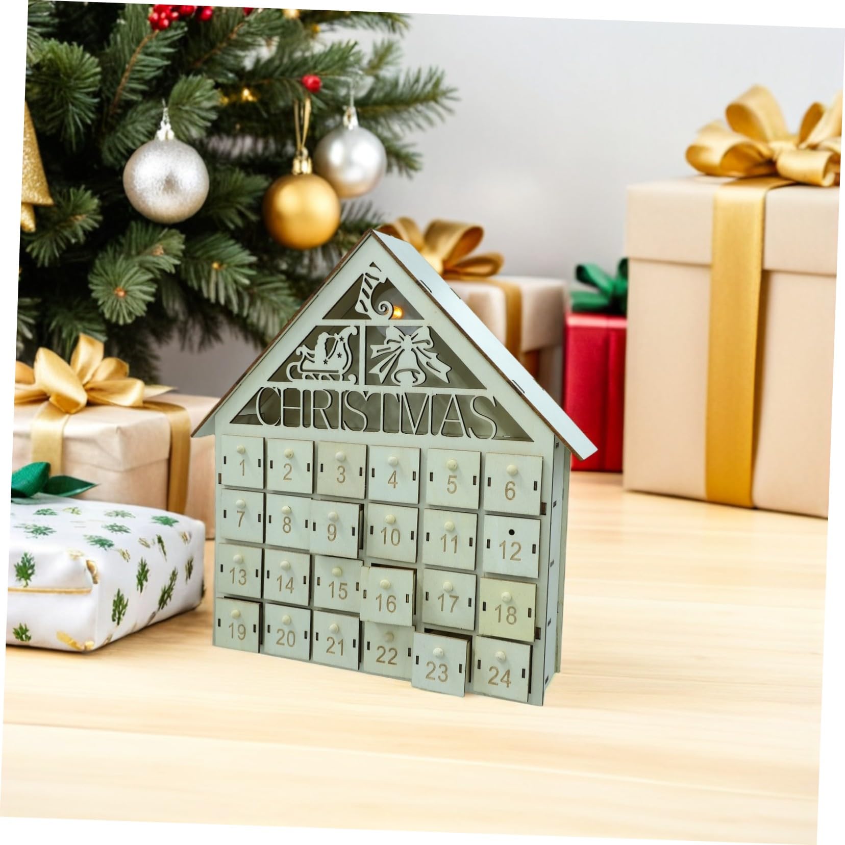 BESTYASH Calendario Avvento in Legno a Forma di Casa con Riempibili Calendario Avvento Illuminato con Luci LED per Conto alla Rovescia Natalizio Decorazione Natalizia da Tavolo