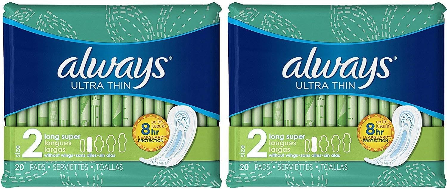 Always Ultra Thin Long Super Pads, 20 Count, (Pack of 2)