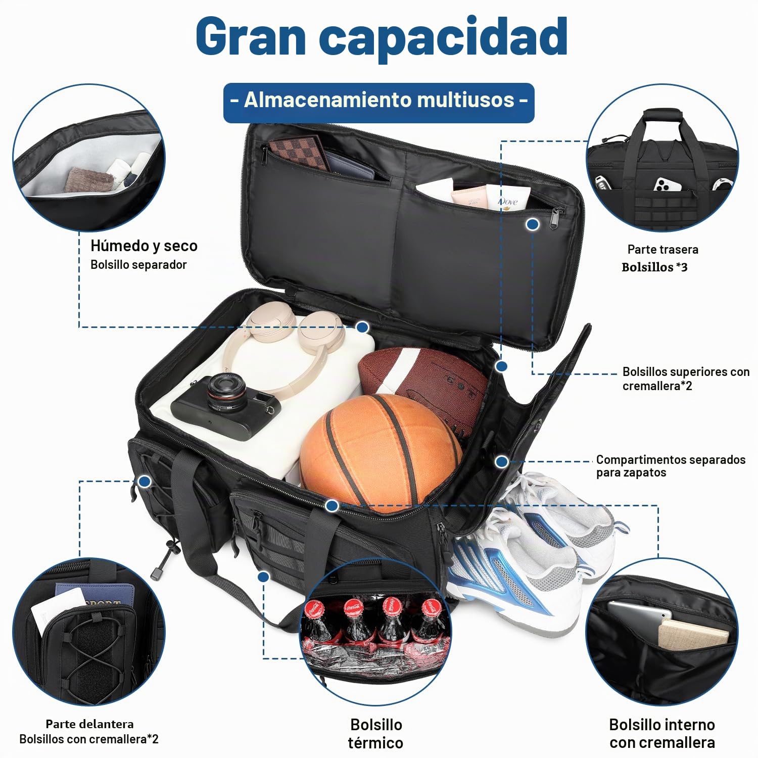 Bolsa de deporte 3 en 1 para hombre con compartimento para zapatos y función de mochila, 50 l, táctica, equipaje de mano, mochila con compartimento húmedo, bolsa de gimnasio, para