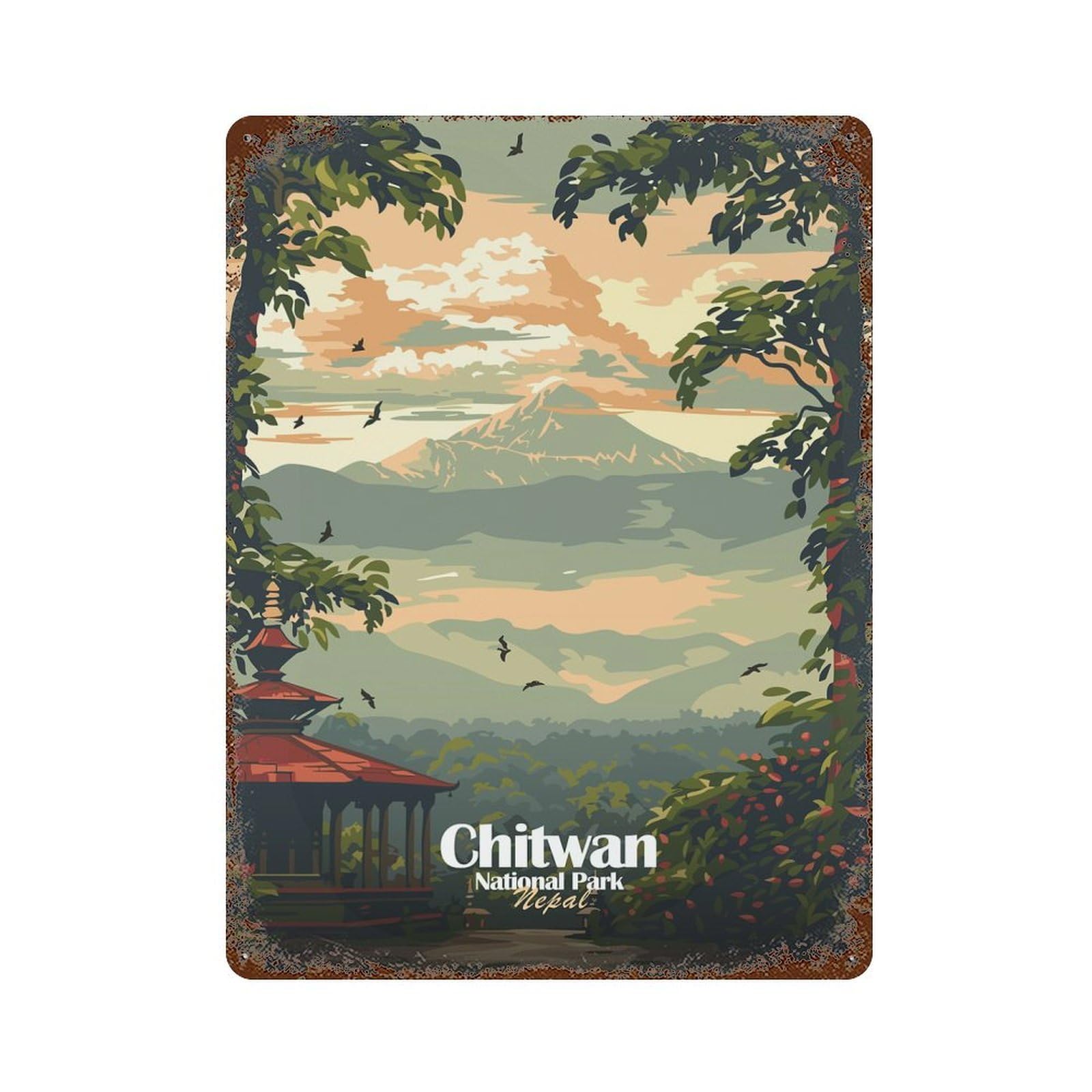 Garage Style Chitwan National Park Nepal Illustration Distressed Metal Wall Sign 15.7"x11.8", Vintage Wall Decor for Bar And Workshop