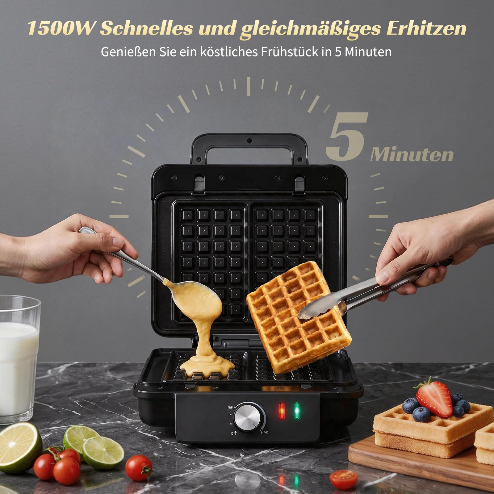 Aigostar Waffeleisen, Kontaktgrill & Sandwichmaker 3 in 1, XL, 1500 W | keramische Antihaftbeschichtung, einstellbare Temperatur, Multifunktionsgerät mit abnehmbaren Platten, BPA- und PFAS-frei