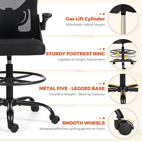 Miniatura 4 de ECOTOUGE Silla de dibujo alta, silla de oficina de malla transpirable con reposabrazos abatibles, silla de escritorio ergonómica de pie