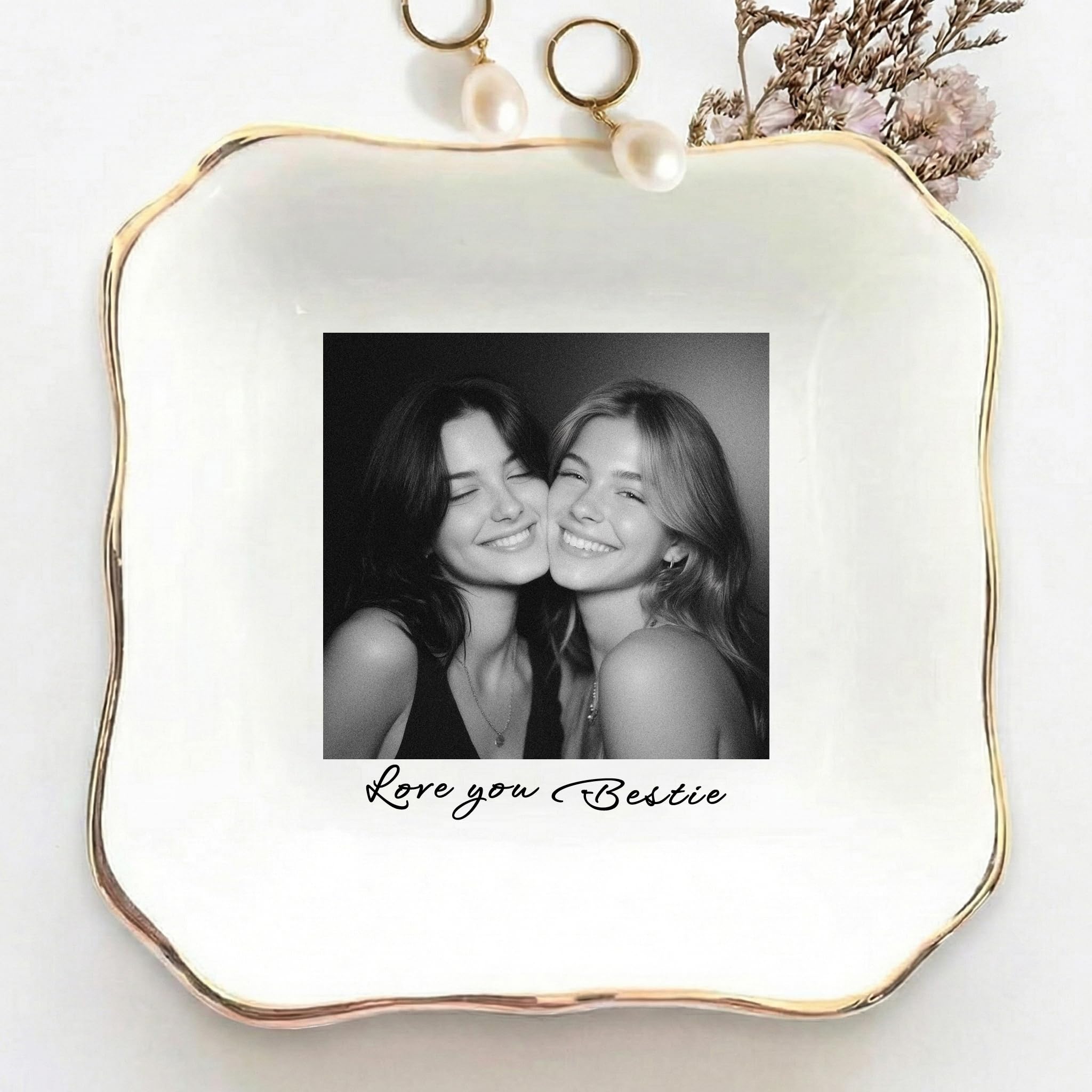 Personalized Photo Jewelry Dish for Bestie Sister, Custom Text & Name Signature (e.g., Emma), 4 Inch Ceramic Ring Dish Trinket Tray for Best Friend, Birthday Long Distance Friendship Gift