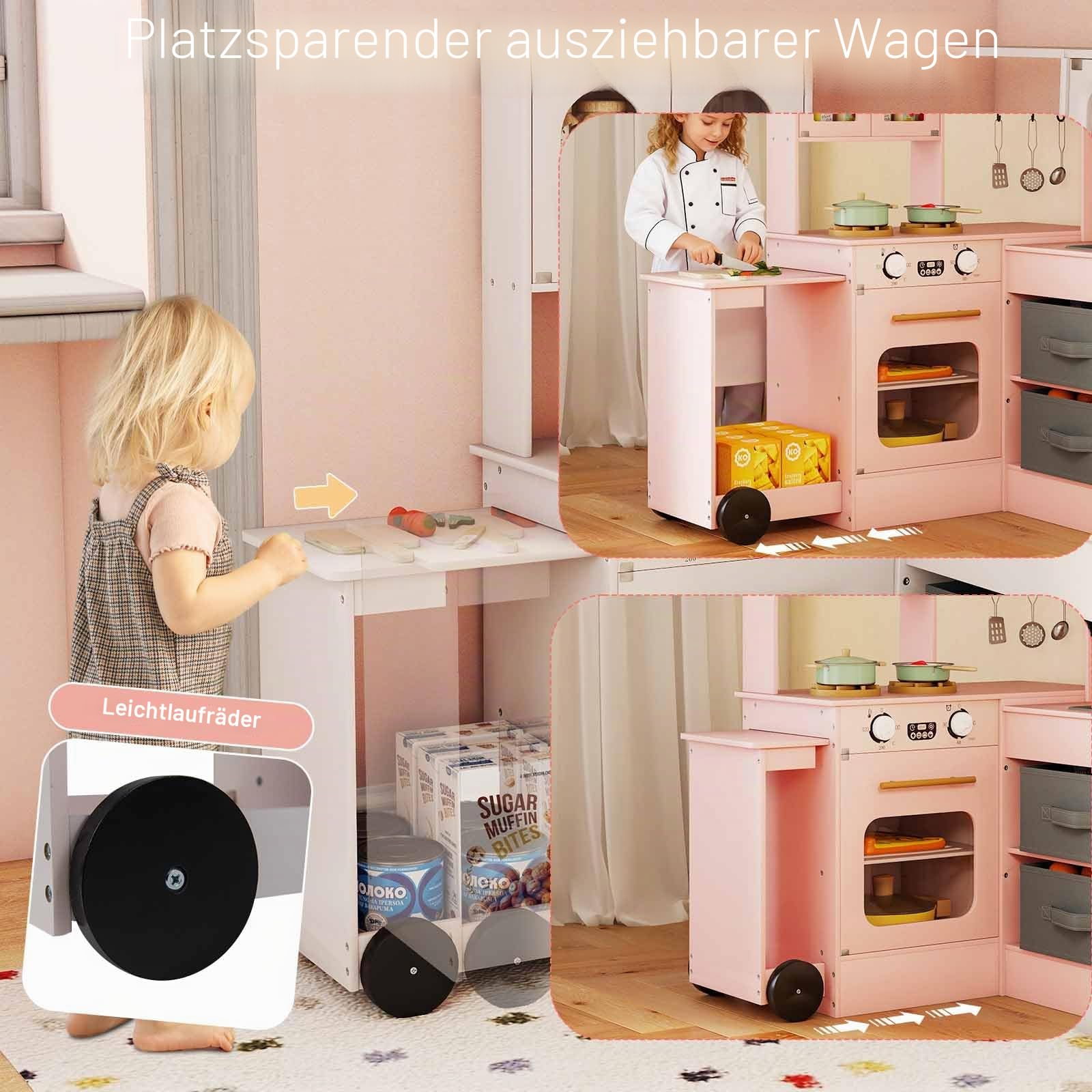 HOMASIS Eck Kinderküche Holz, Spielküche mit Licht & Sound, Spielzeugküche mit Spüle Herd Ofen Eismaschine Mikrowelle Kühlschrank, inkl. Arbeitsplatte, Zubehör & 2 Körbe, für Kinder ab 3 Jahren (Rosa)