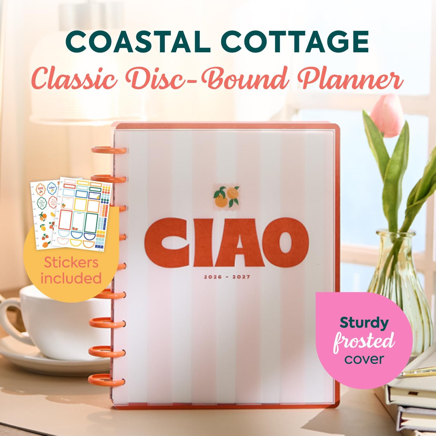 Happy Planner Disc-Bound Planner July 2026–June 2027, Includes 3 Extra Months and 2 Sticker Sheets, Classic Size, 7" x 9.25", Horizontal Layout, Coastal Cottage