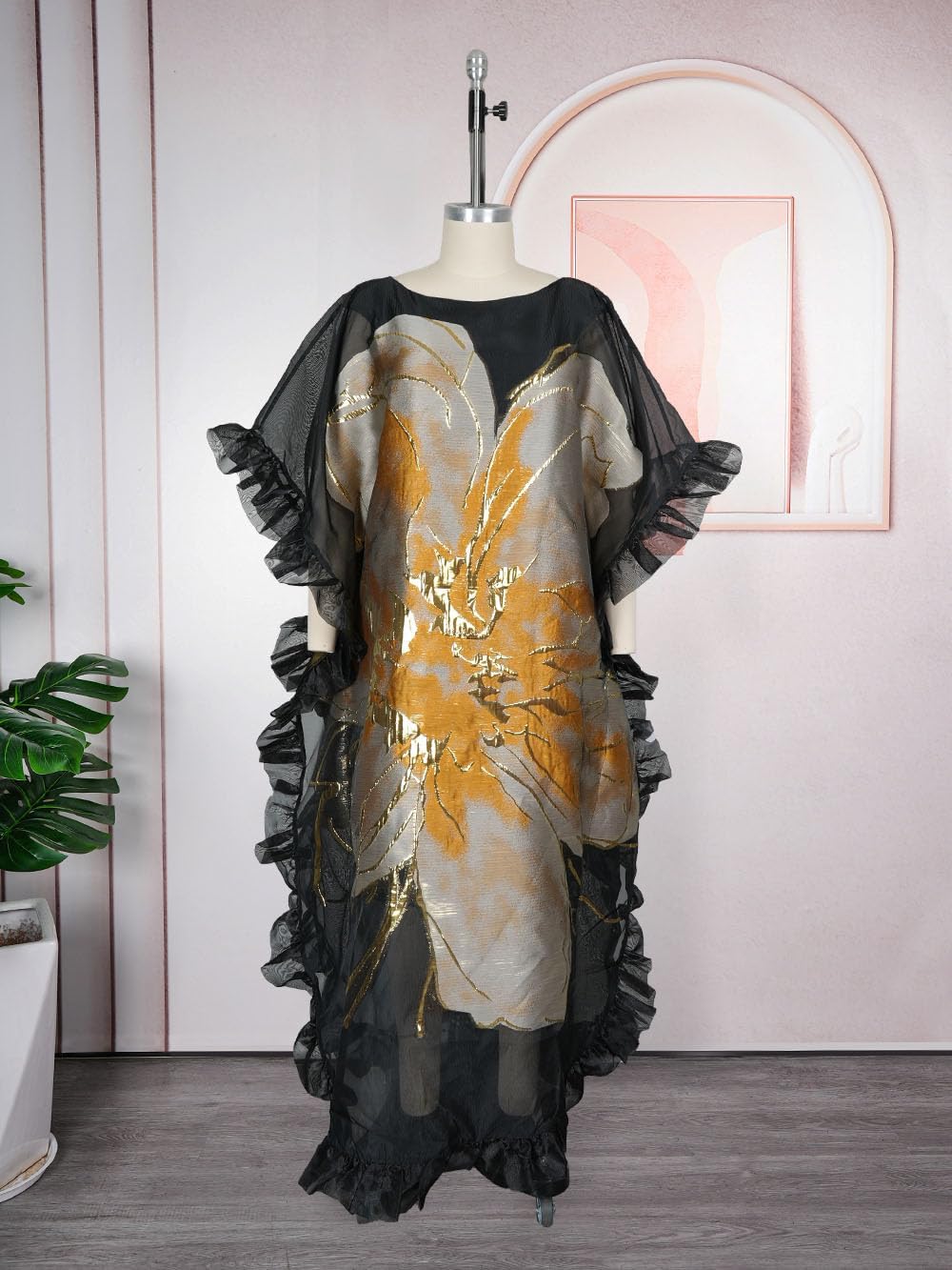 HD Stylish African Inspire Dress for Woman O Sharp Applique Floral Organza Gown - Image 3