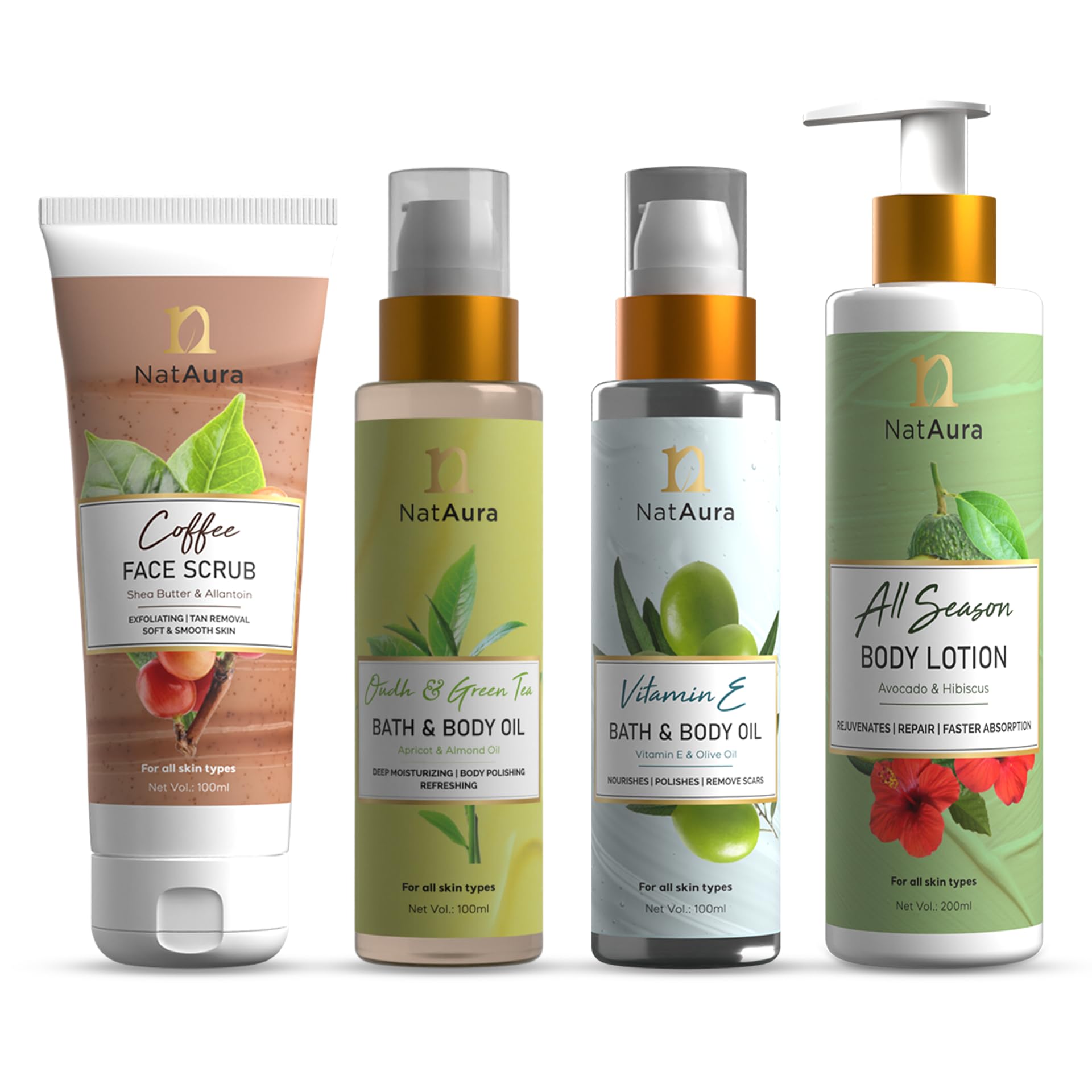 Body Polishing Kit- Coffee Face Scrub, Oudh and Green Tea Body Oil, Vitamin E Bath and Body Oil and All Season Body Lotion-image-18