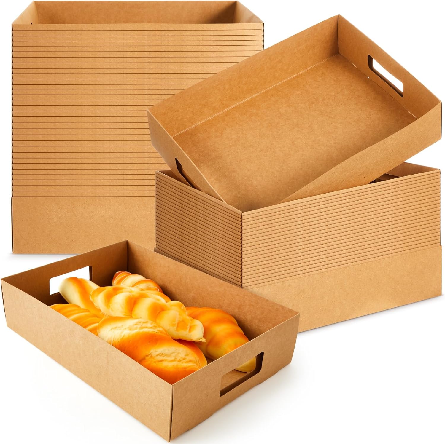 LemonRoad 50 Pack Kraft Cardboard Food Trays Sturdy Disposable Cookie Serving Platters for Parties Brown Paperboard Crate, Dessert Display Tray, Gift Giving, Christmas, Weddings(Brown,13" X 9" X 3")