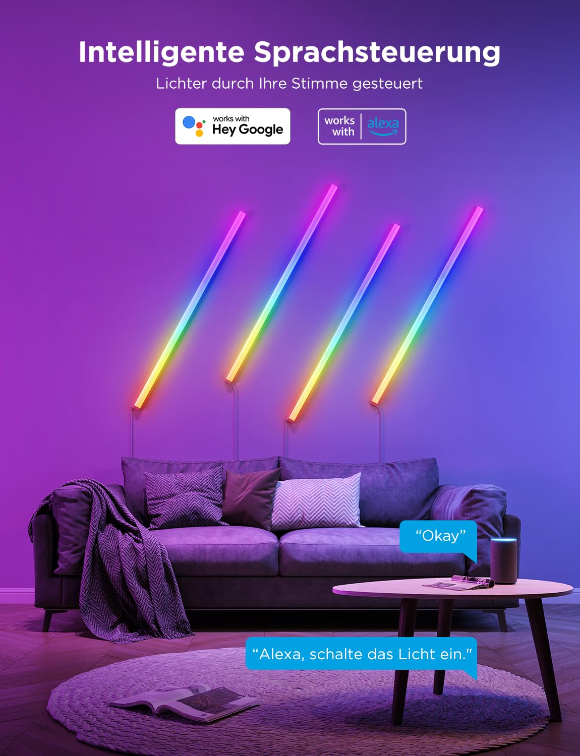Govee Glide Wall Light LED RGBIC, 11 Musikmodi, 64 Szenenmodi, Alexa, Google Assistant, Smart Lively Lichtleisten, 6 Stück