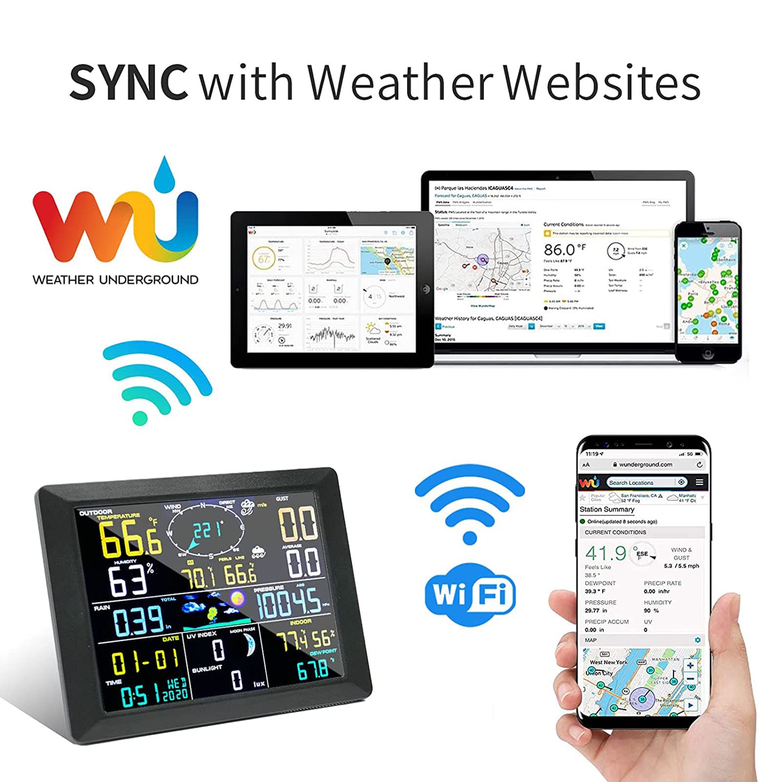 Stacja meteorologiczna wewnętrzna zewnętrzna z deszczomierzem termometrem wilgotnością, prędkością wiatru słońcem wieloma czujnikami