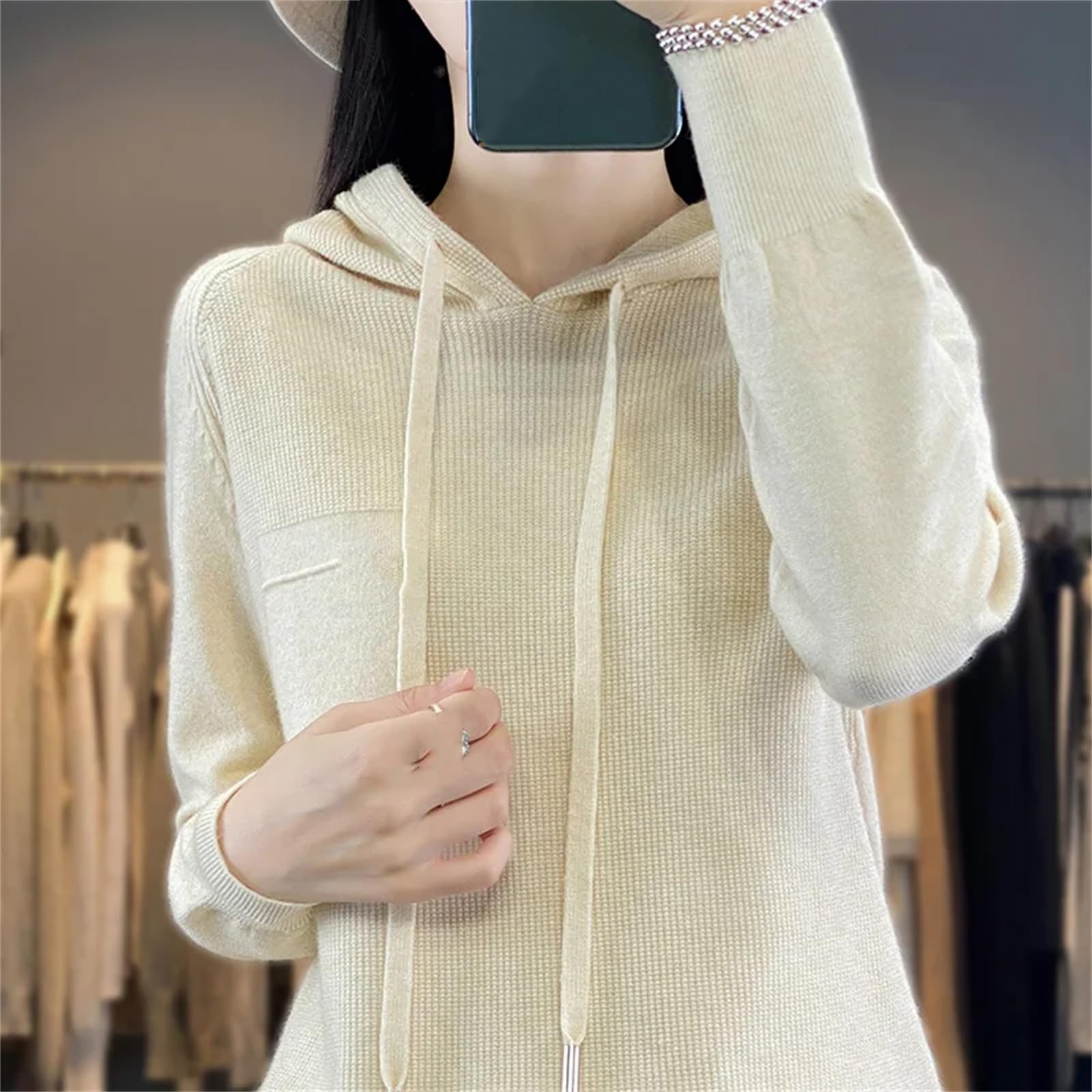Felpa con cappuccio da donna con cappuccio in maglia maglione invernale da donna con cappuccio in cashmere arancione, Arancione, L