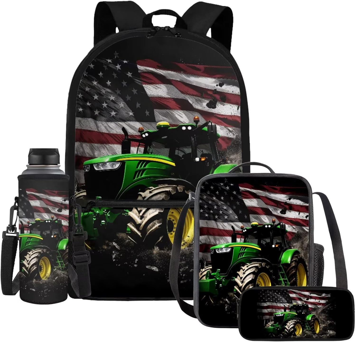 HUIACONG Truck Backpack for Boys 6-8/8-10 American Flag Backpack with Lunch Box Kids Bookbag 1St Grade 2Nd Grade Lunch Bag Water Bottle Holder