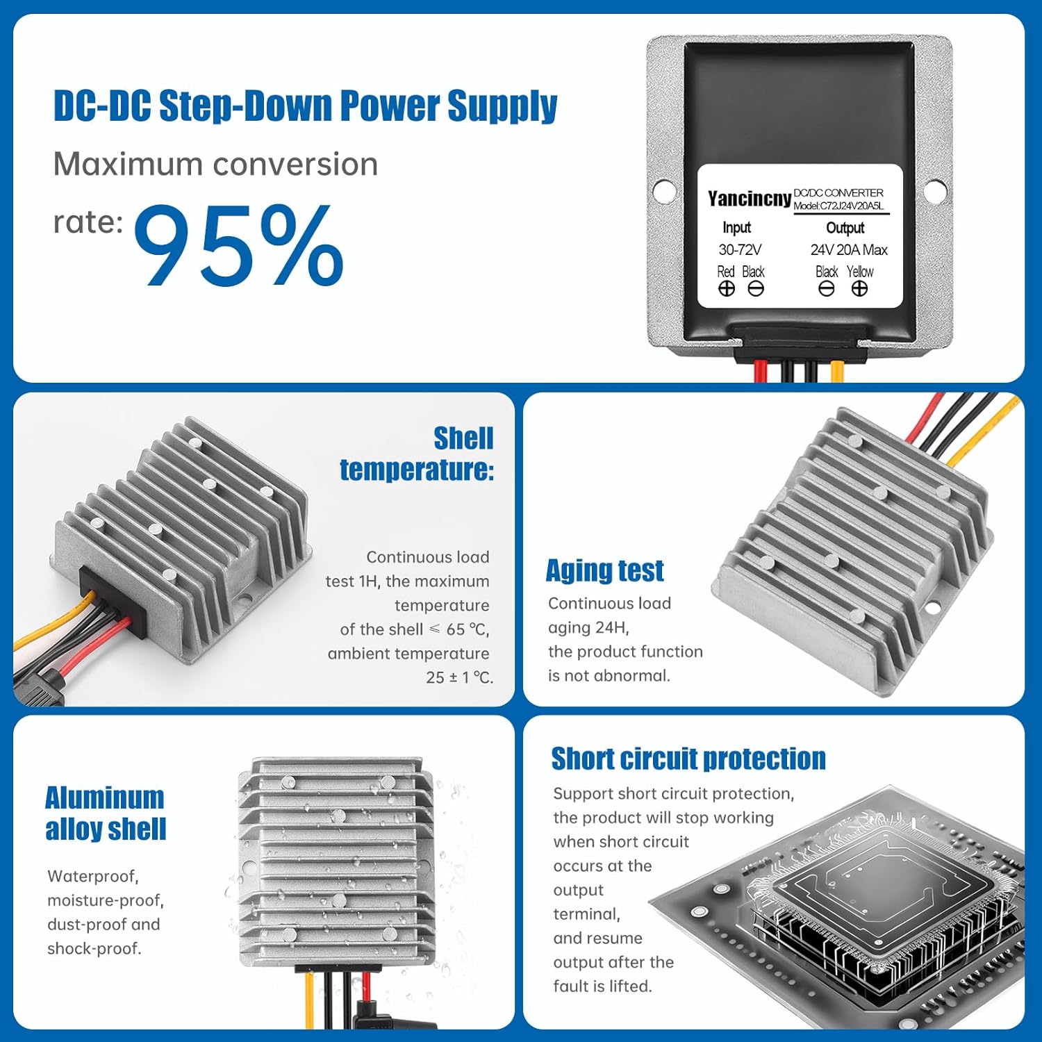 20A 480W 24V DC 36V/48V/60V/72V Step Down to 24V 20A 480W DC Converter Regulator Power Supply Module Buck Transformer Volt Module, Waterproof Voltage Reducer for Golf Cart