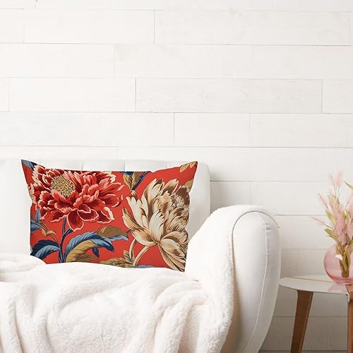 Miniatura 3 de ArogGeld Cojín de almohada lumbar estilo chinoiserie chinoiserie rojo peonía floral funda de almohada flor de peonía verde azulado verde y rojo