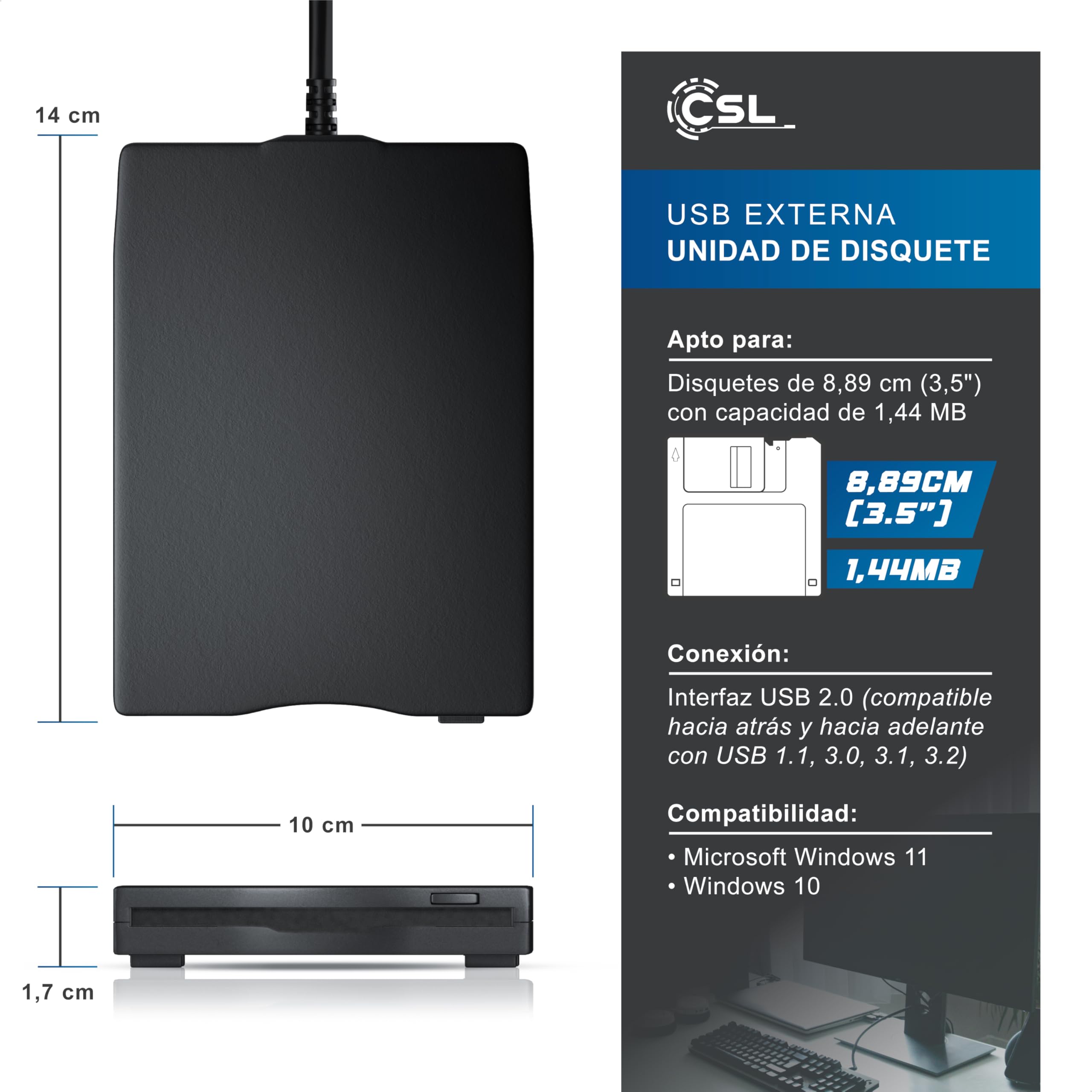 CSL - Disquetera Externa USB A y USB C - Unidad FDD 3,5 Pulgadas 1,44 MB - Lector de Disquetes Slim Portátil - Plug & Play - Compatible con PC/Portátil/Windows 11 y 10 – Negro