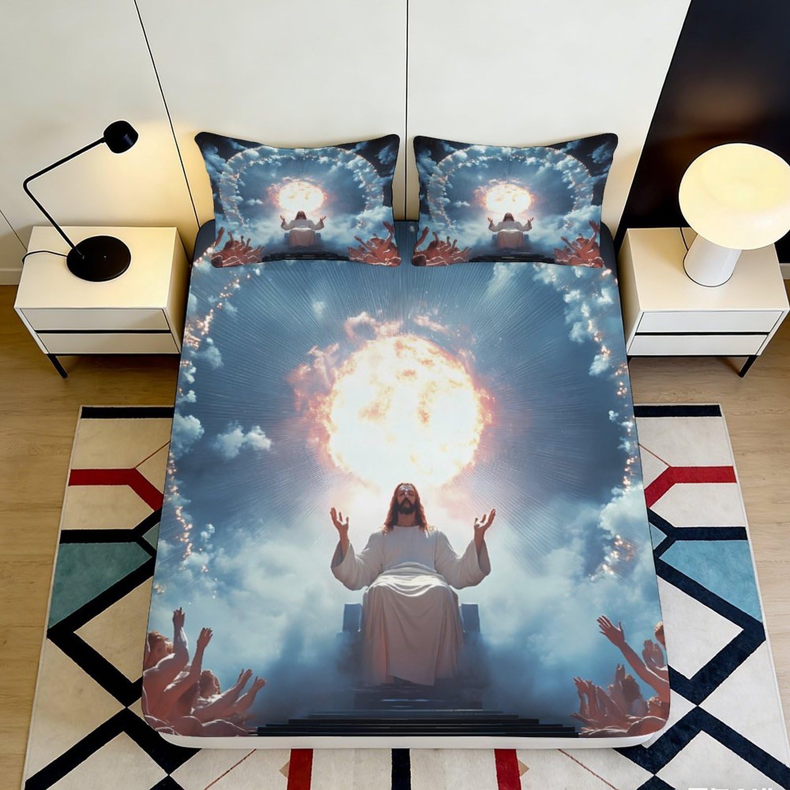 3D Printed Jesus Light Fitted Sheet Microfiber Soft Bedroom Decor Religious Sunburst Mattress Cover for Home Guest Room 90x200x25cm