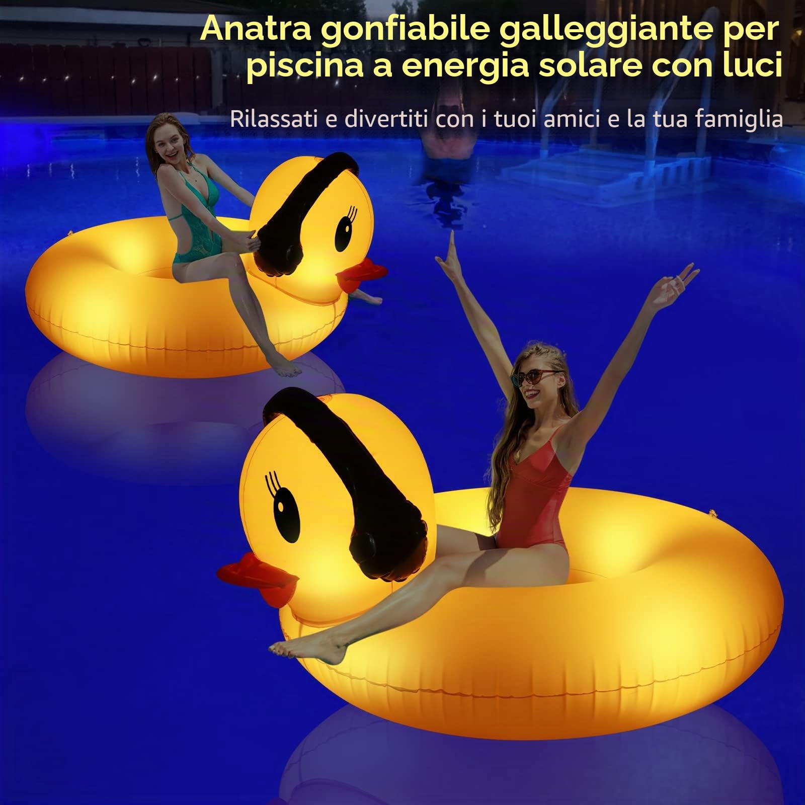DeeprBetter Gonfiabile Piscina Galleggiante con Luci, Animali da Piscina Galleggianti a Energia Solare Anello da Nuoto per Adulti, 107 cm Galleggiante Piscina Anatra Giocattoli Gonfiabili per Piscina