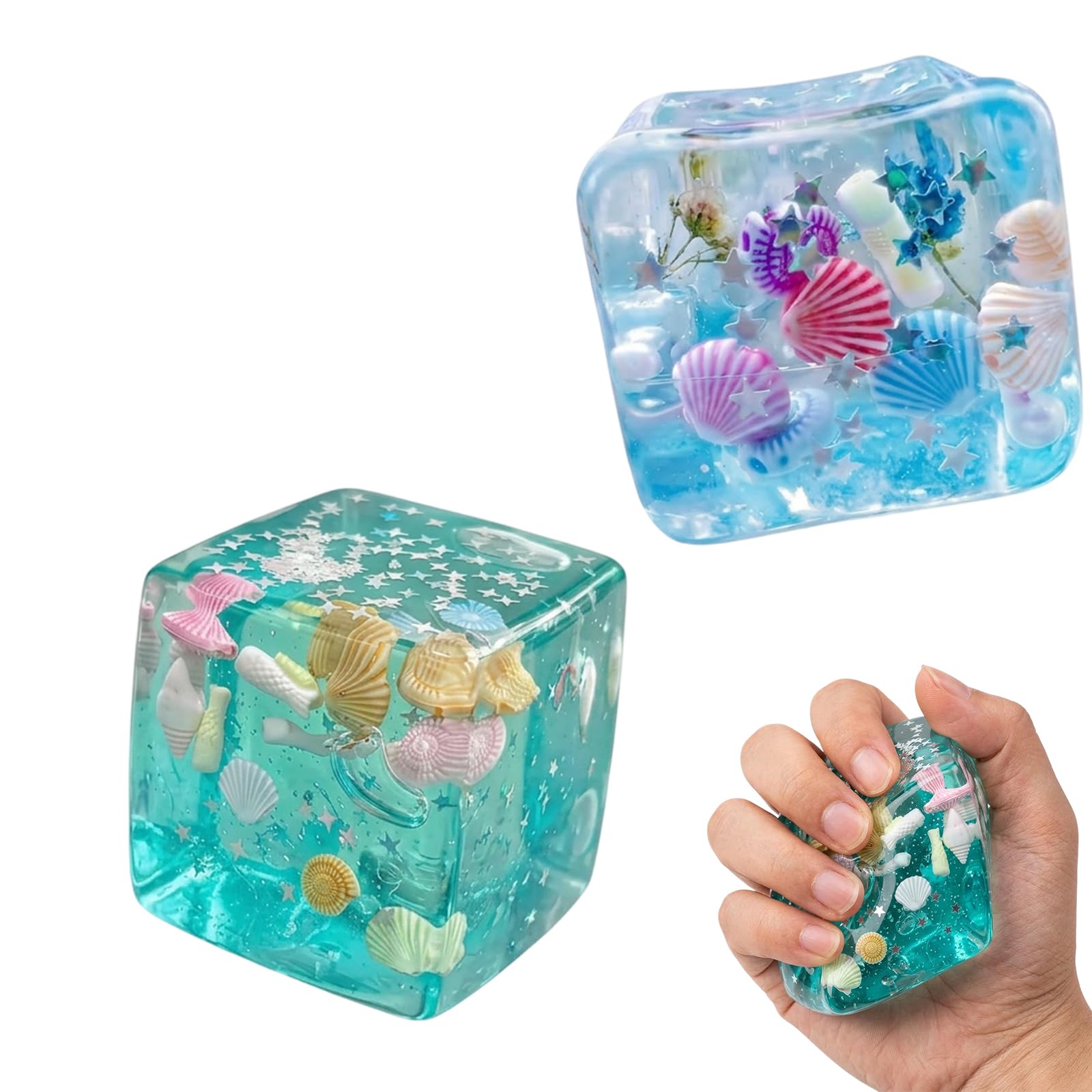 2pcs nice Cube Slow Rise Squishies, Ice Cube Stress Ball, Squishy Cube for Stress Relief, Two Pack Blue and Green Shell Design, Each 4.5 cm and 110 Grams