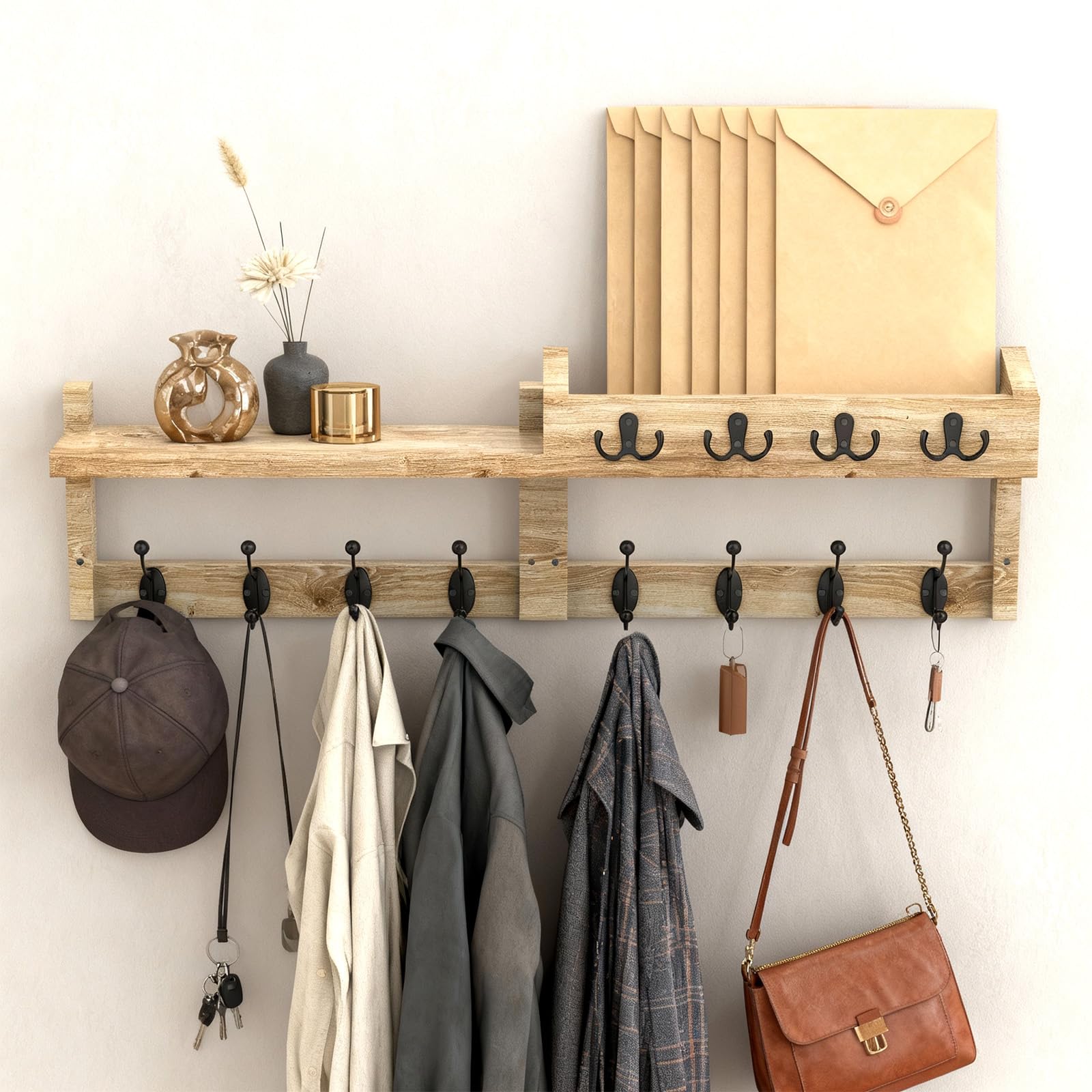 Patère Mural en Bois Brûlé – Porte-Manteau avec 8 Crochets à Vêtements & 4 Crochets à Clés, Style Minimaliste pour Chambre & Entrée-B01