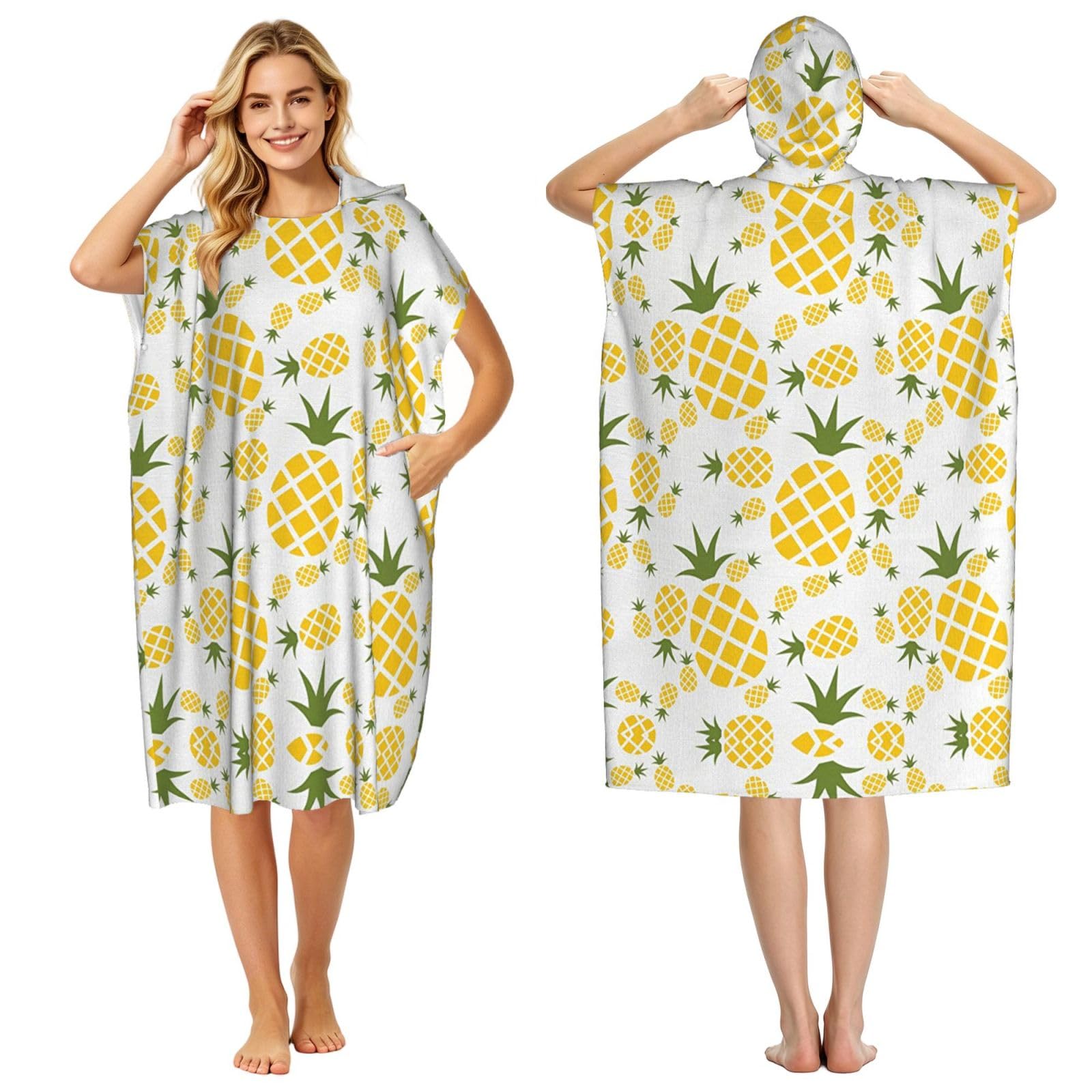 EZDLOWVBA Pineapple Print Hooded Poncho Microfiber Beach Towel,Adult Women & Men Changing Robe,Lightweight Summer Surf Swim Bath Poncho Towel