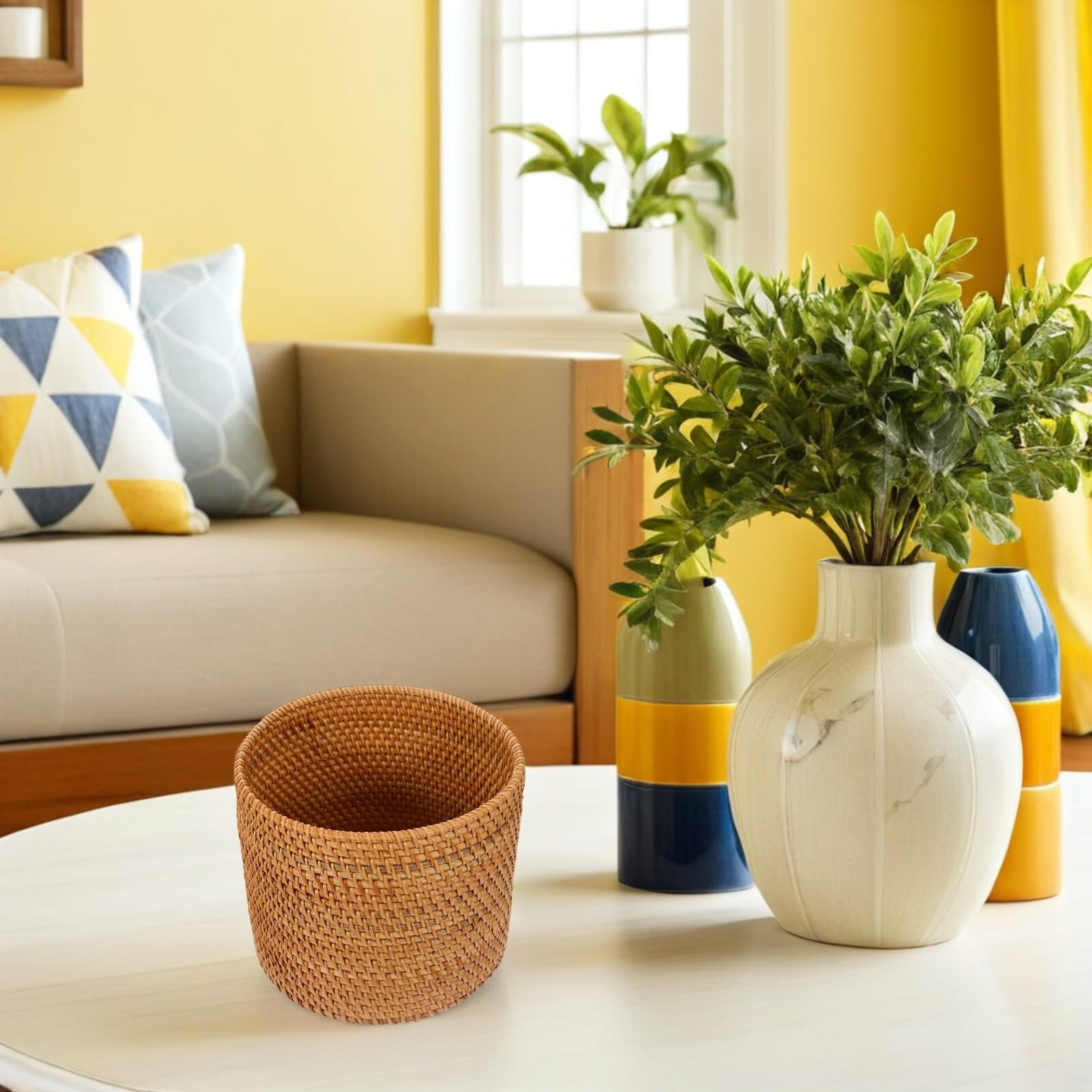 Set 3 Cestini Intrecciati in Rattan Rotondi Contenitori per Rifiuti Piccoli e Cestini Portaoggetti per Bagno Scrivania e Camera da Letto Porta Fiori Decorativo Leggero e