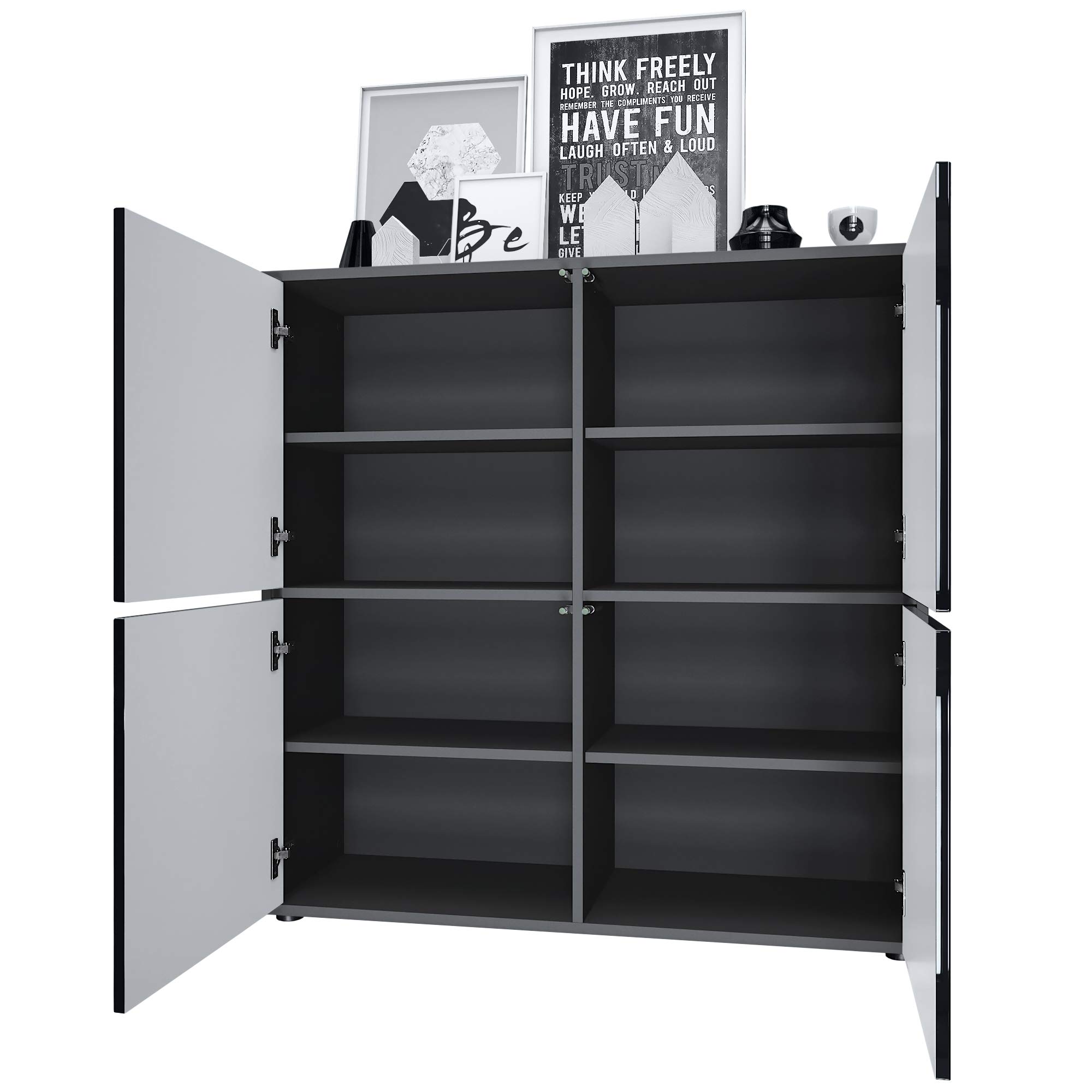 Vladon Highboard Cuba V2 Schrank 104 x 105,5 x 35,5 cm Sideboard mit 8 Fächern, Made in Germany, Korpus in Schwarz matt/Fronten in Weiß matt
