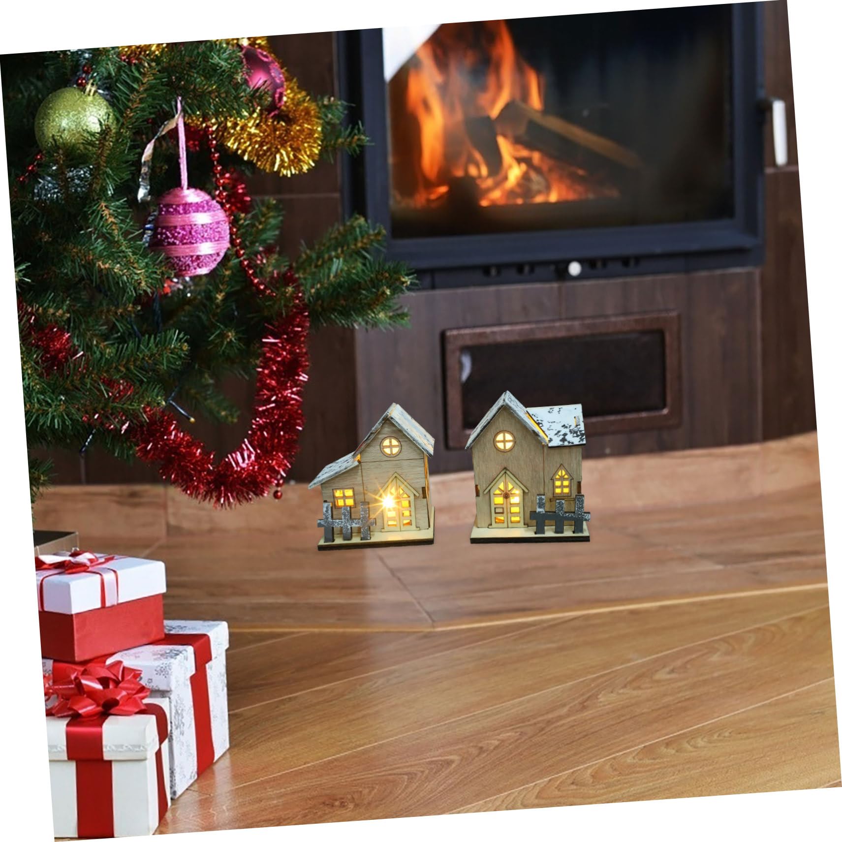 TOPBATHY 4 Set Luci Natalizie in Legno Finestra Gonfiabile Ornamenti Desktop Decorazioni Luminose per La Casa per Natale Luci Dell'albero di Natale Solare Cabina Khaki di Legno 2 Pezzi * 4
