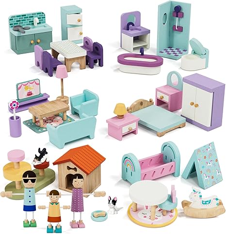 Lehoo Castle Wooden Dollhouse Furniture Set 39 Pcs with 5 Rooms, Family Dolls & Pets, All-Wooden Doll House Accessories and Furniture, Pretend Play Dollhouse Accessories Toy Gift for Kids 3+